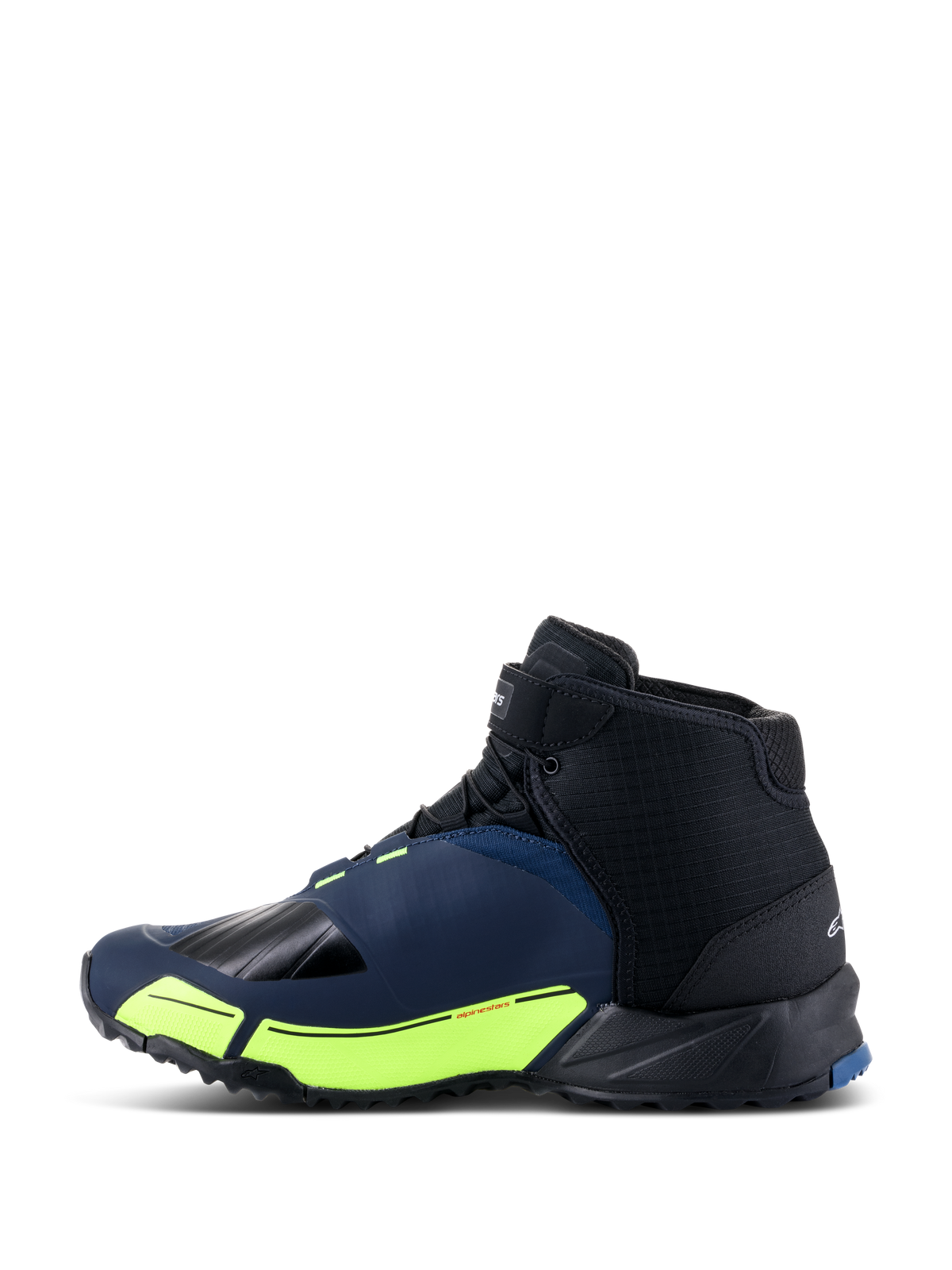 Scarpe da moto Alpinestars CR-X Drystar®, scarpe da guida motociclistica, nero, blu scuro e giallo fluo, profilo laterale con silhouette da scarpa da running, membrana Drystar impermeabile, dettagli giallo fluo nell'intersuola e punta e tallone rinforzati per la protezione.