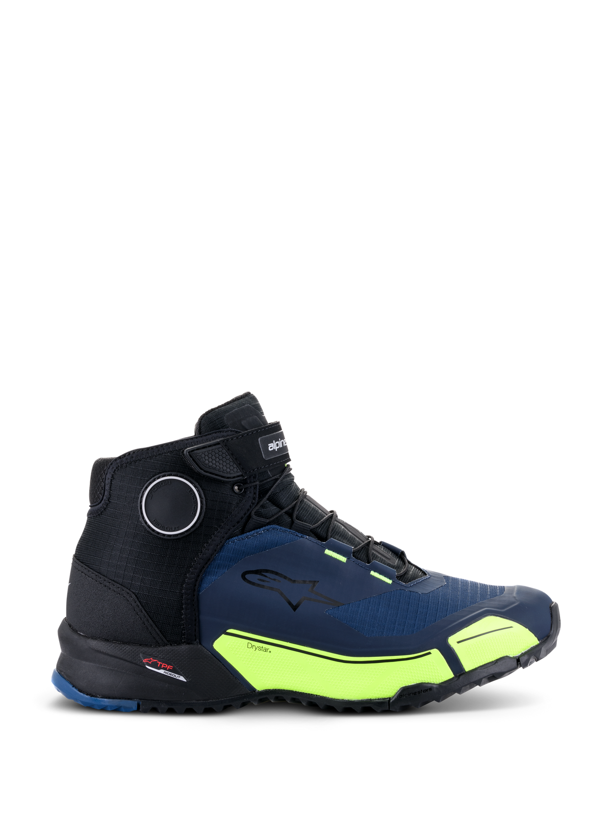 Scarpe da moto Alpinestars CR-X Drystar®, nero, blu scuro e giallo fluo, calzature da moto d'ispirazione atletica con accenti giallo fluorescente e pannelli blu scuro, design impermeabile con silhouette da scarpa da running per un comfort prolungato.