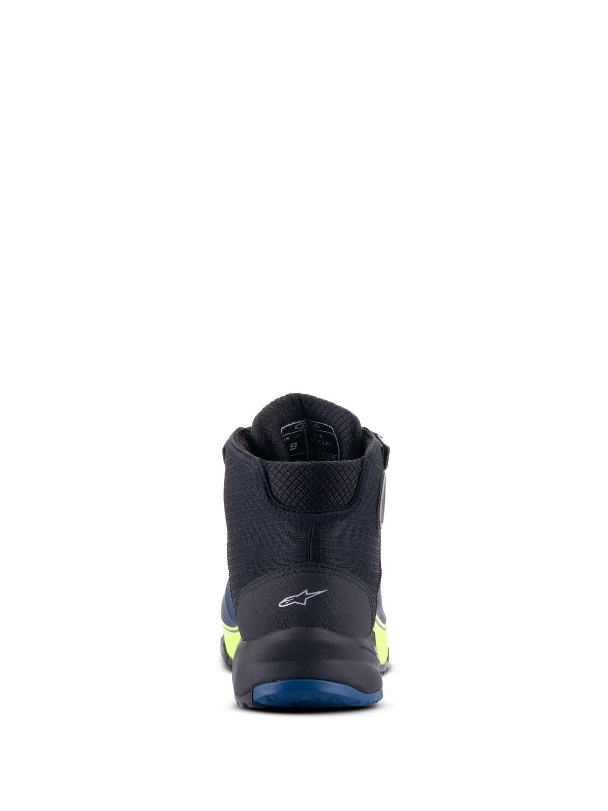 Alpinestars CR-X Drystar® Riding Shoes, scarpe da moto, nero, blu scuro e giallo fluo, vista posteriore con logo sul tallone e suola blu, impermeabili con accenti giallo fluorescente