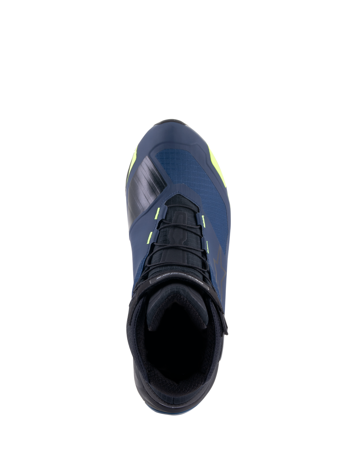 Alpinestars CR-X Drystar® Riding Shoes, vista dall'alto, nero, blu scuro e giallo fluo, scarpe da moto impermeabili con silhouette da scarpa da running, lacci neri e vivaci accenti gialli su tomaia blu scuro