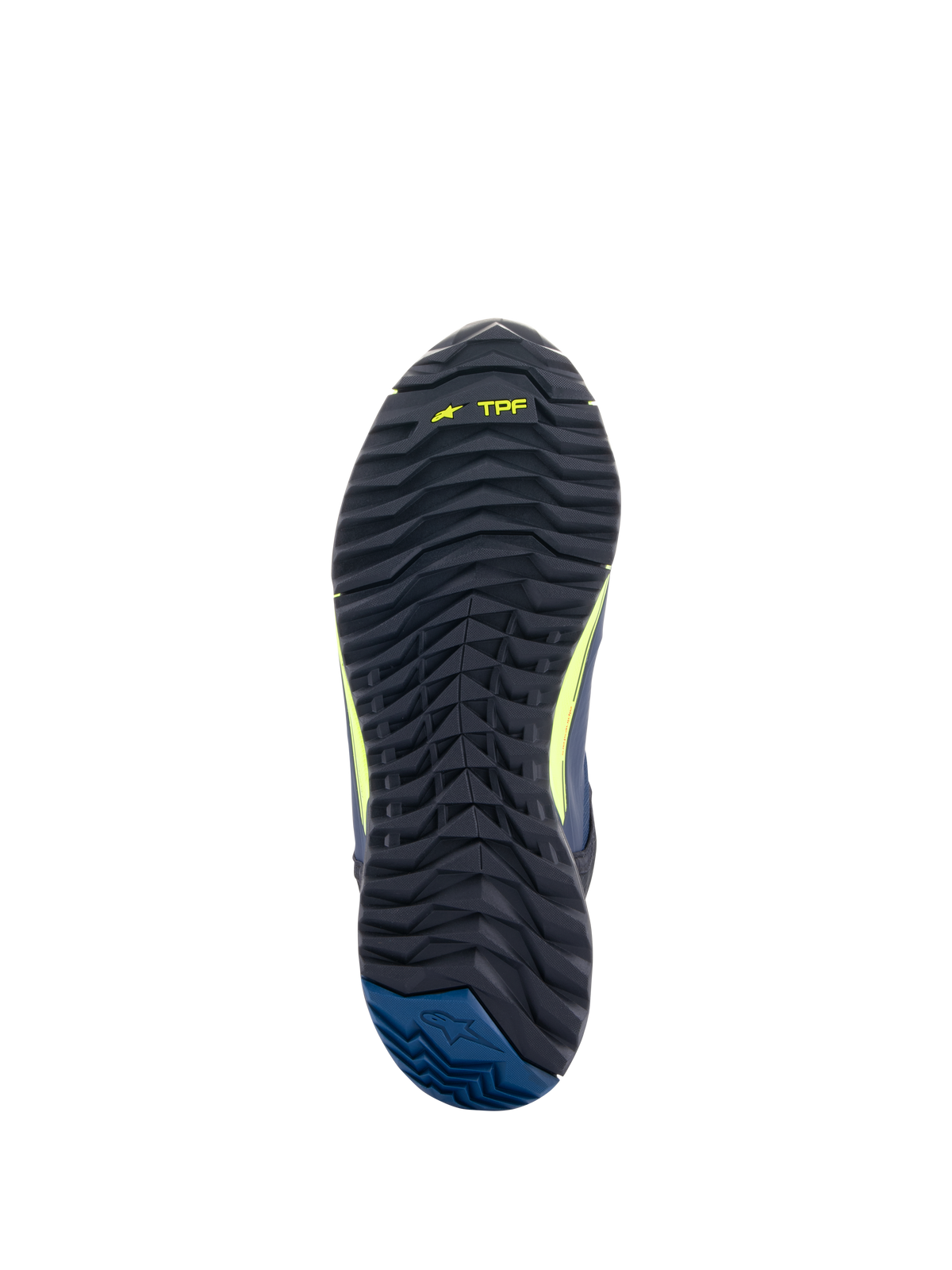 Scarpe da moto Alpinestars CR-X Drystar®, vista della suola, nero con marchio TPF giallo fluo e tallone blu scuro, battistrada robusto per trazione e comfort durante la camminata per tutto il giorno