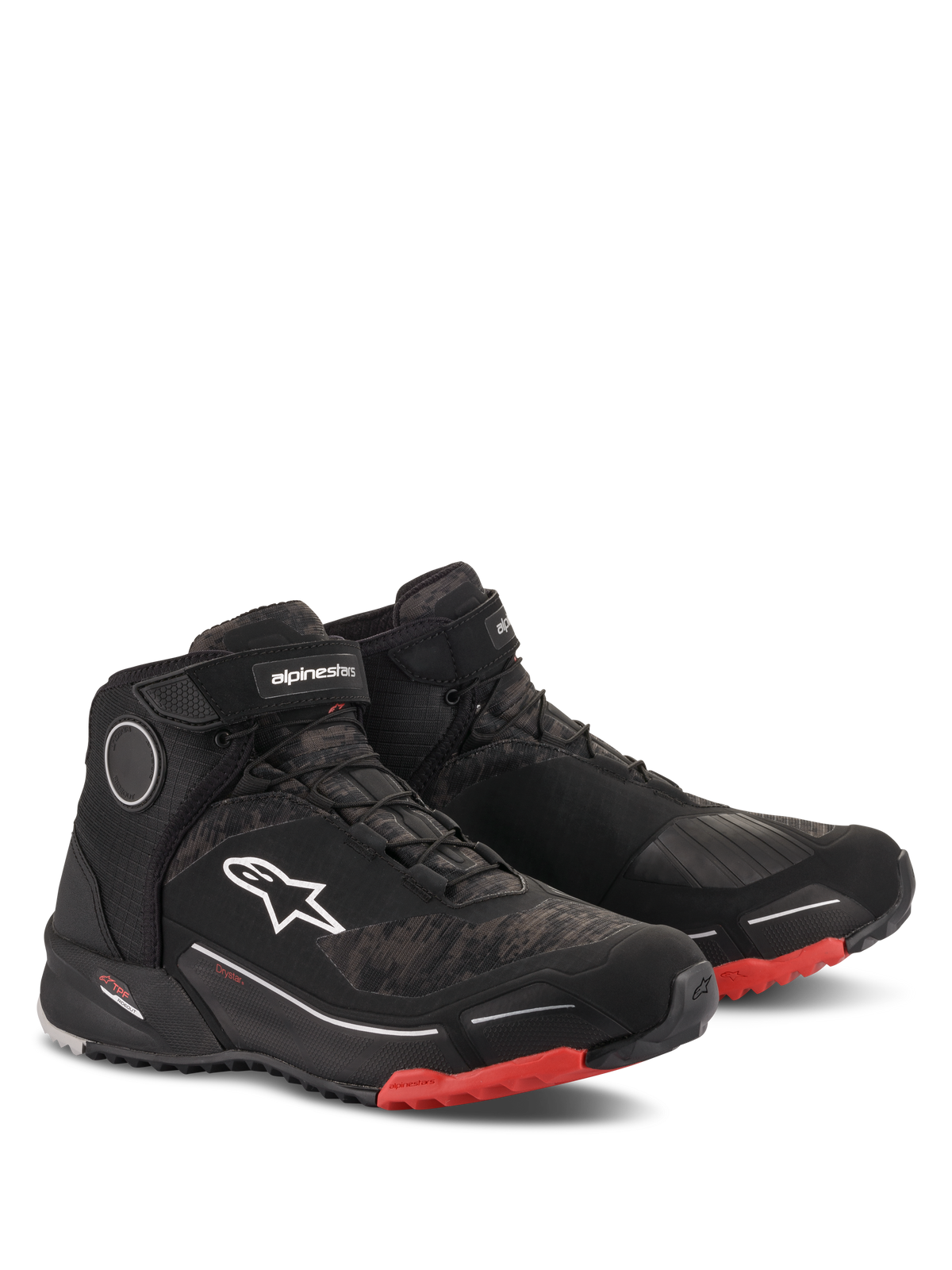 Alpinestars CR-X Drystar Riding Shoes, scarpe da moto, nero camo rosso, design atletico high-top con membrana impermeabile, logo Astars bianco sul lato, dettagli rossi sulla suola esterna e sulla punta, stile urban e adventure touring