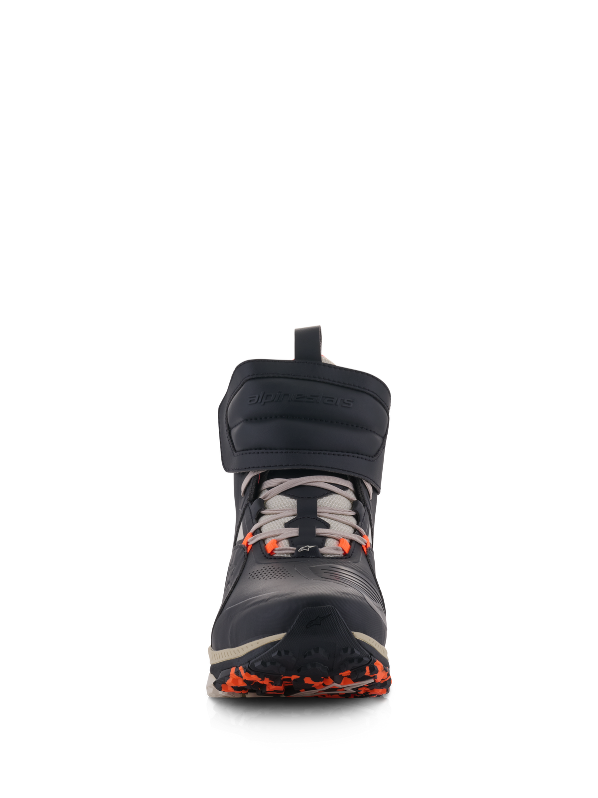 Alpinestars Speedstreet Shoes, scarpe da moto urbane, Nero Almond e Hot Orange, vista frontale con grande fascia a strappo sulla caviglia, chiusura con lacci e accenti arancioni sulla suola