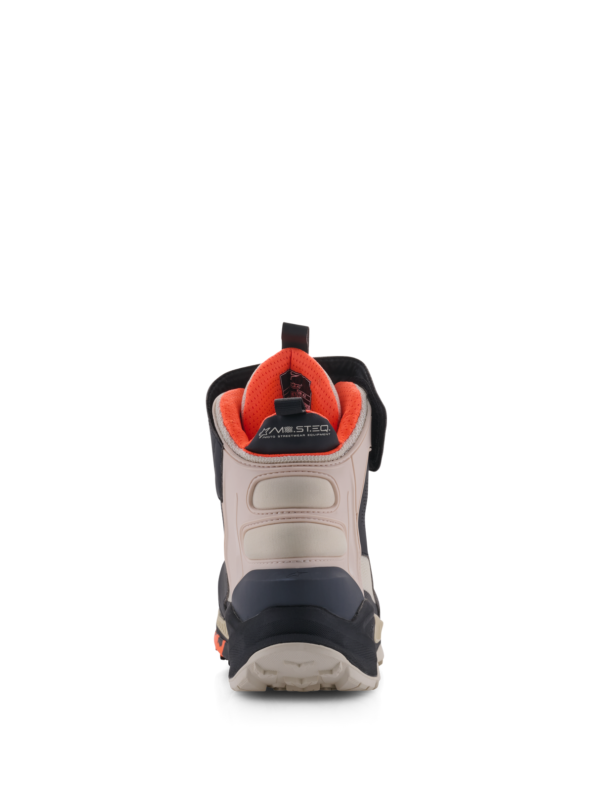 Alpinestars Speedstreet Shoes, scarpe da moto, nero, almond e arancione acceso, vista posteriore che mostra il contrafforte del tallone rinforzato, pannelli in microfibra almond, fodera interna arancione vivace e marchio MO.ST.EQ.