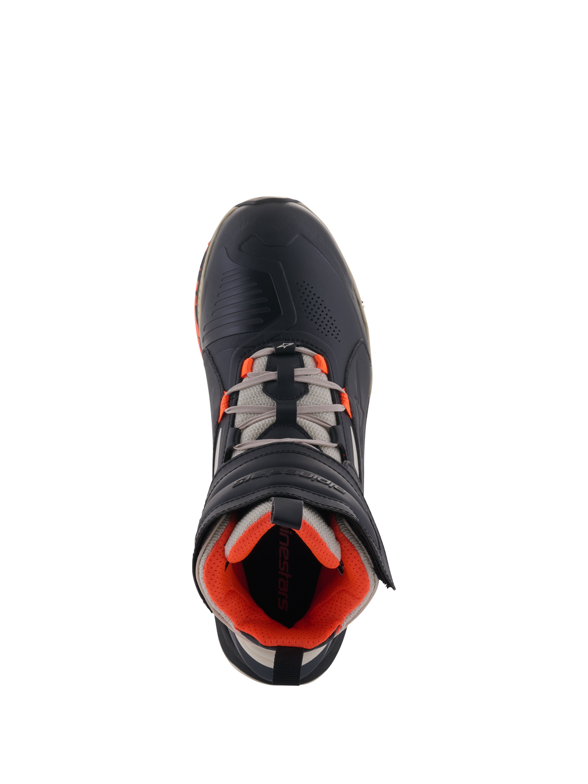 Alpinestars Speedstreet Shoes, scarpe da moto, Nero Mandorla Arancione Acceso, vista dall'alto con tomaia in microfibra nera e accenti arancioni, lacci grigio mandorla e fascia ergonomica con chiusura a strappo, design urbano ispirato al motorsport