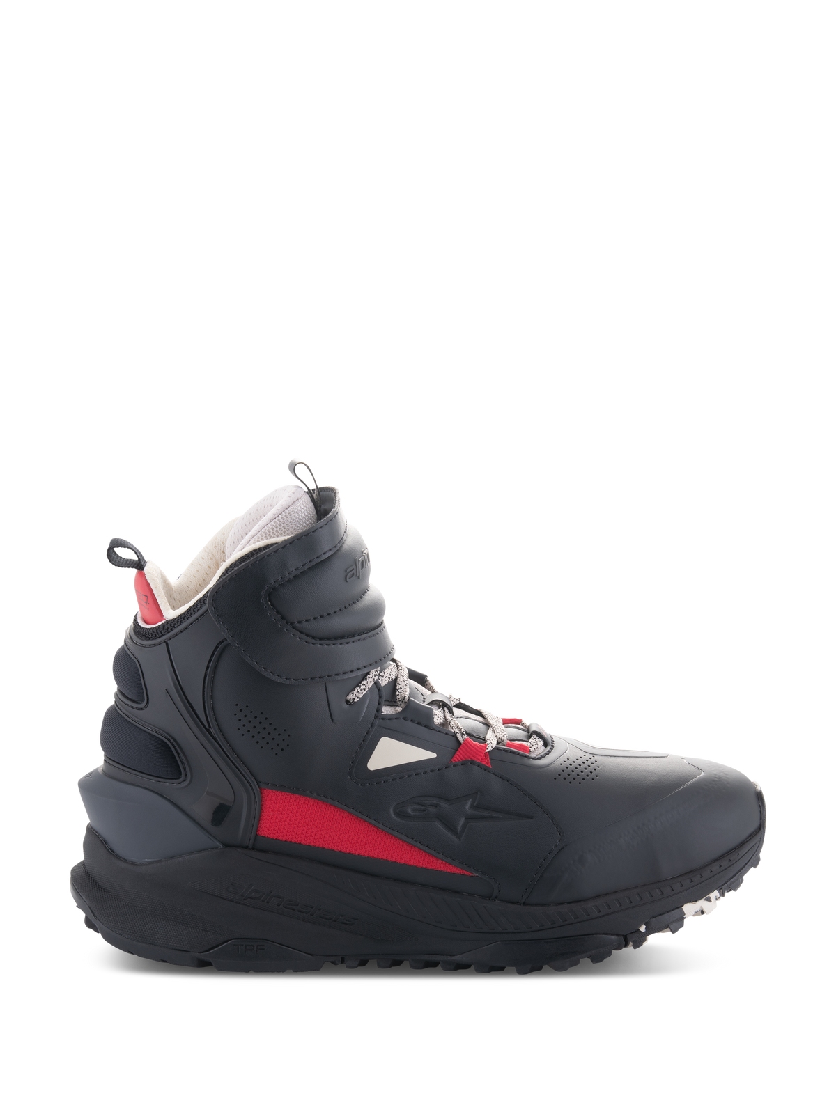 Alpinestars Speedstreet Shoes, scarpe da moto, nero, ecru e rosso acceso, profilo laterale modello alto, design ispirato allo streetwear, colletto imbottito, suola spessa con marchio TPF, equipaggiamento protettivo per la guida urbana