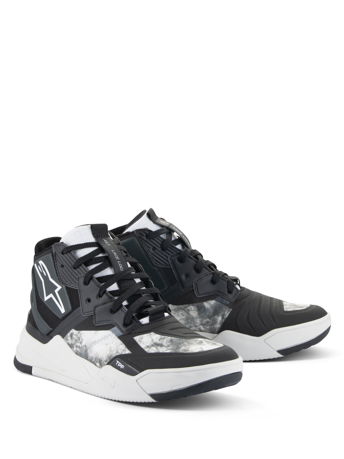 Scarpe Alpinestars Speedflight, scarpe da moto, nero, grigio e bianco, con motivo marmorizzato, design da sneaker alta con pannelli rinforzati, logo Alpinestars bianco e suola in gomma resistente