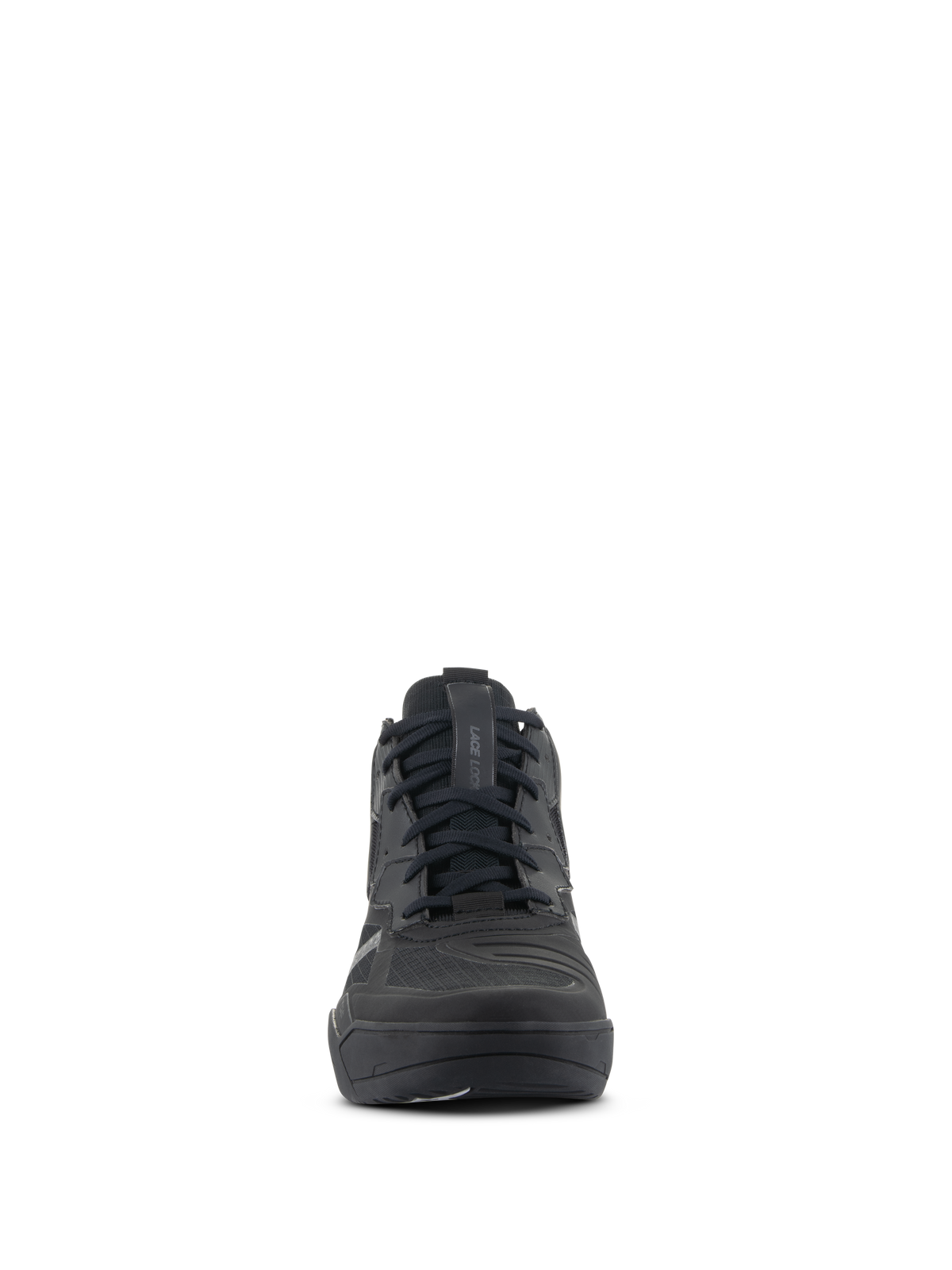 Scarpe Alpinestars Speedflight, scarpe da moto tecniche, Nero Nero, vista frontale, tomaia in ripstop ad alte prestazioni con rinforzi senza cuciture, design tipo sneaker con sistema di bloccaggio dei lacci per il motociclismo urbano