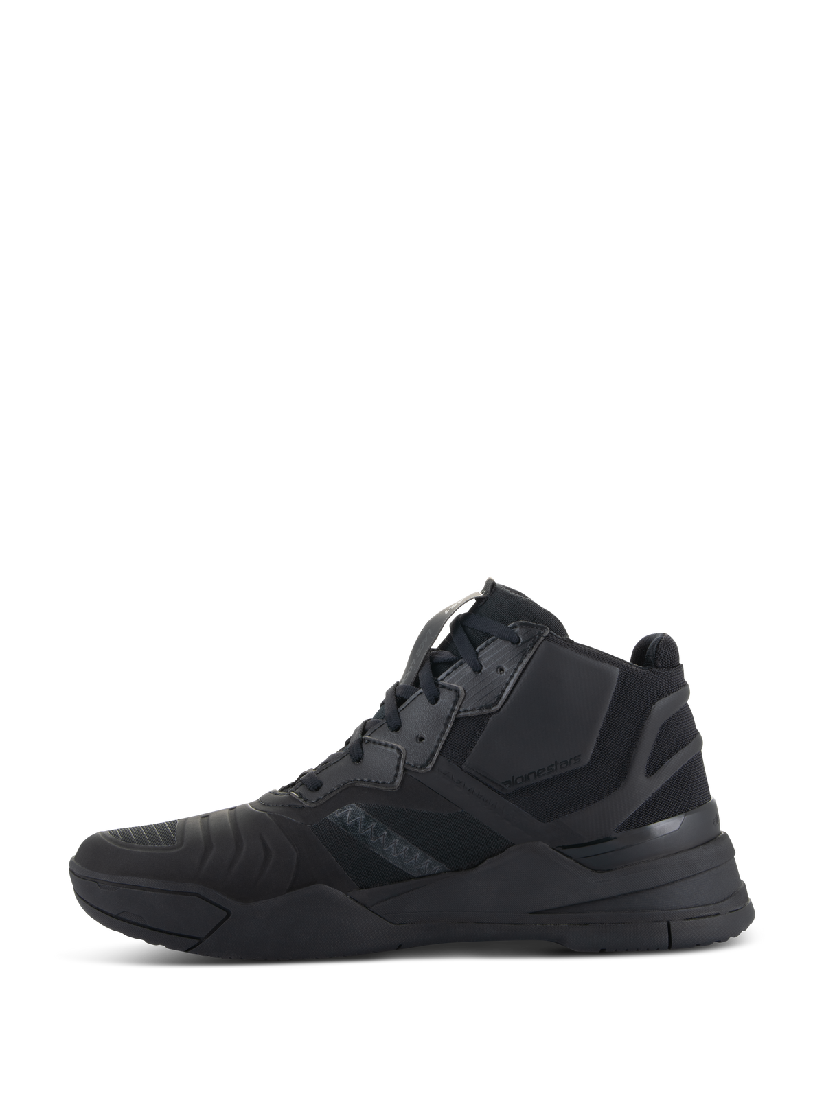Scarpe Alpinestars Speedflight, Nero Nero, profilo laterale di scarpe da moto performanti, design ispirato alle sneaker mid-top con tomaia in ripstop e pannelli di rinforzo senza cuciture, silhouette sportiva resistente completamente nera