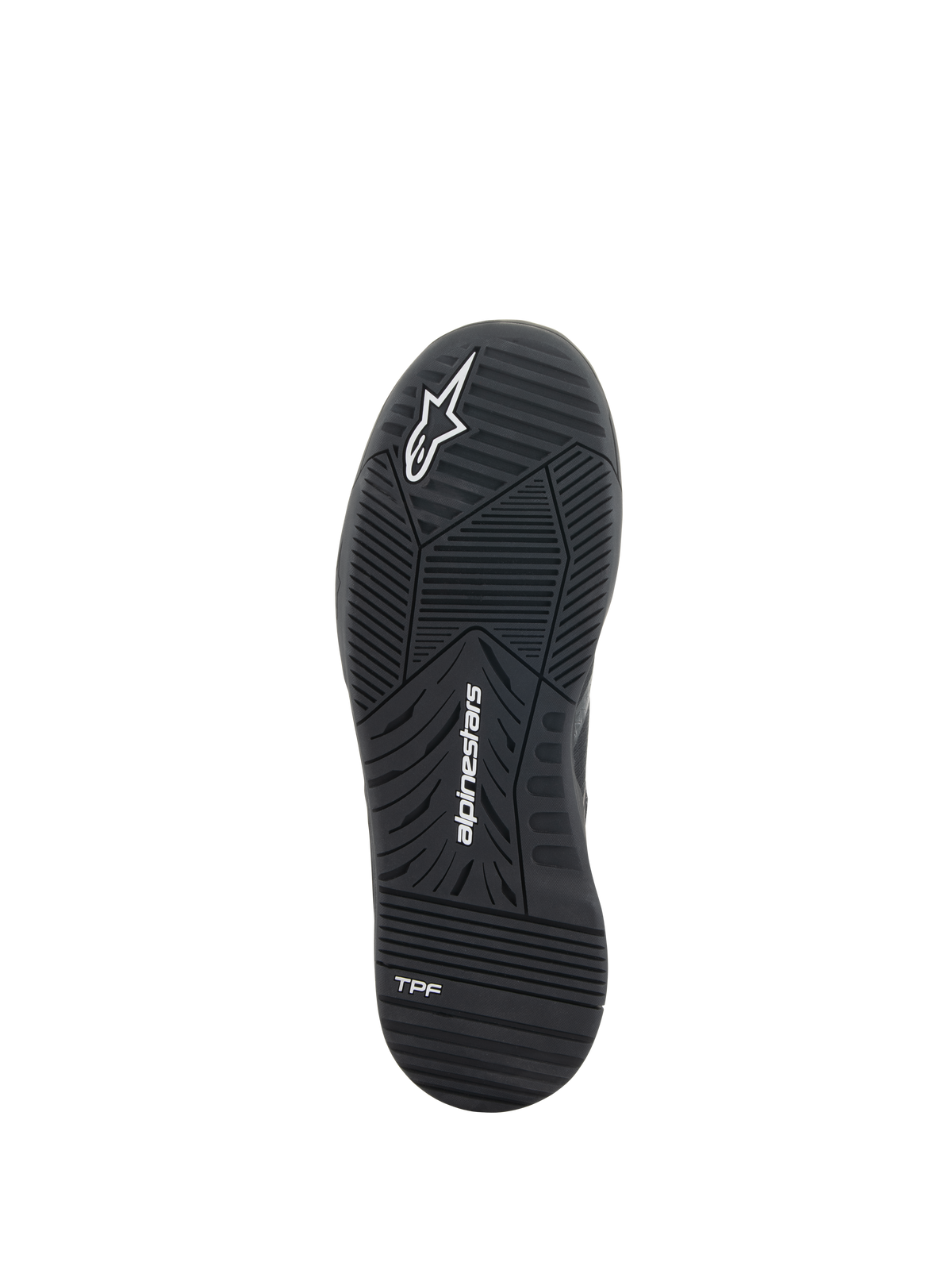 Scarpe Alpinestars Speedflight, scarpe da moto, nero, vista inferiore della suola in gomma a doppia densità con logo Alpinestars e marchio TPF, battistrada ingegnerizzato per prestazioni urbane