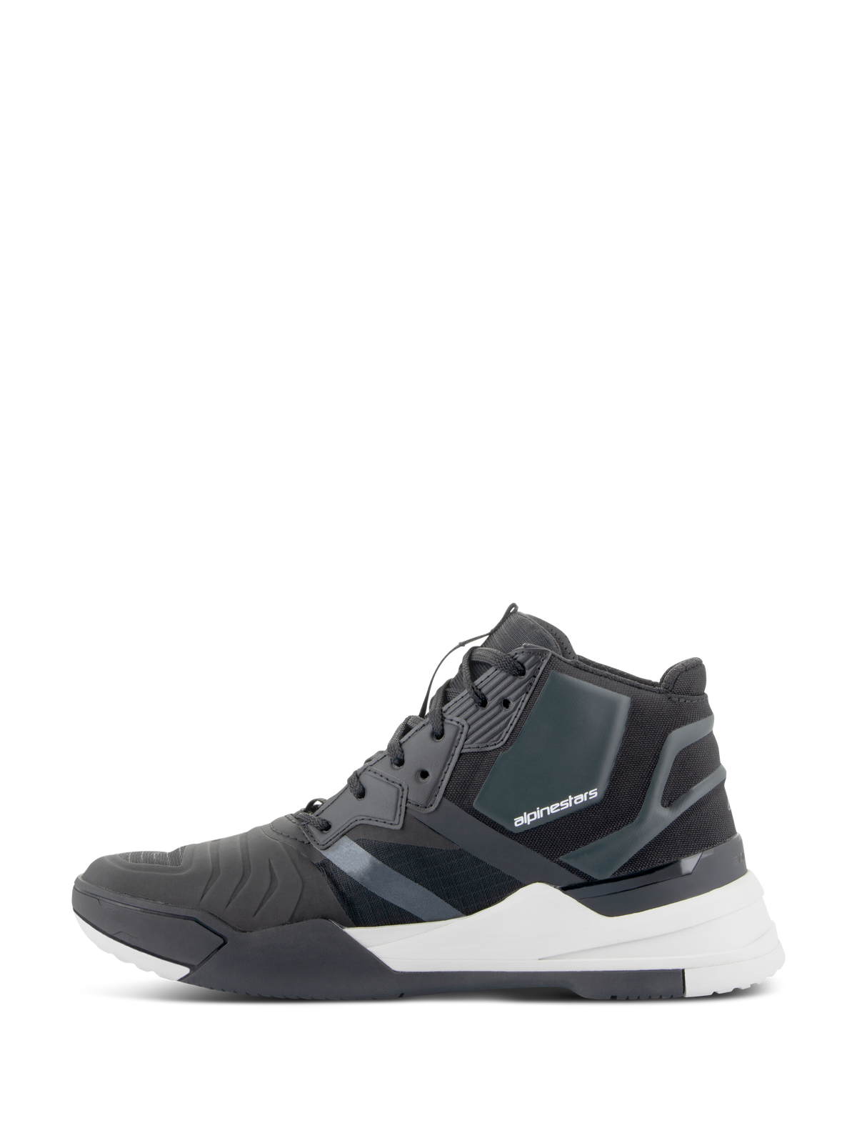 Scarpe Alpinestars Speedflight, scarpe da moto performanti, nero e bianco, vista di profilo con tomaia in ripstop e pannelli di rinforzo senza cuciture, logo Alpinestars sul lato e spessa intersuola bianca, calzature tecniche da moto urban