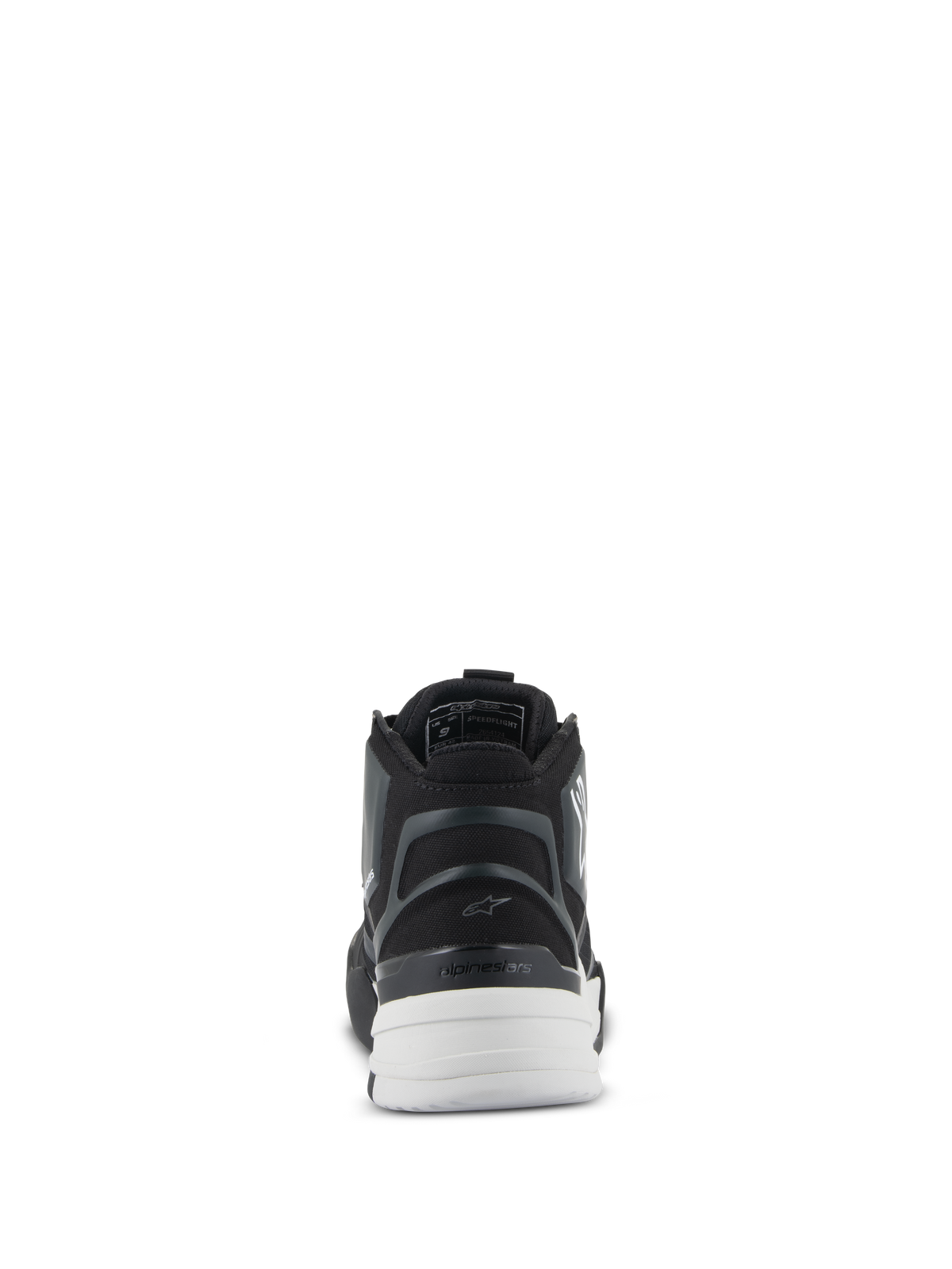 Scarpe Alpinestars Speedflight, nero e bianco, vista posteriore con tallone semirigido sagomato, contrafforte del tallone asimmetrico in TPU e suola bianca a doppia densità, calzature da moto urban ad alte prestazioni