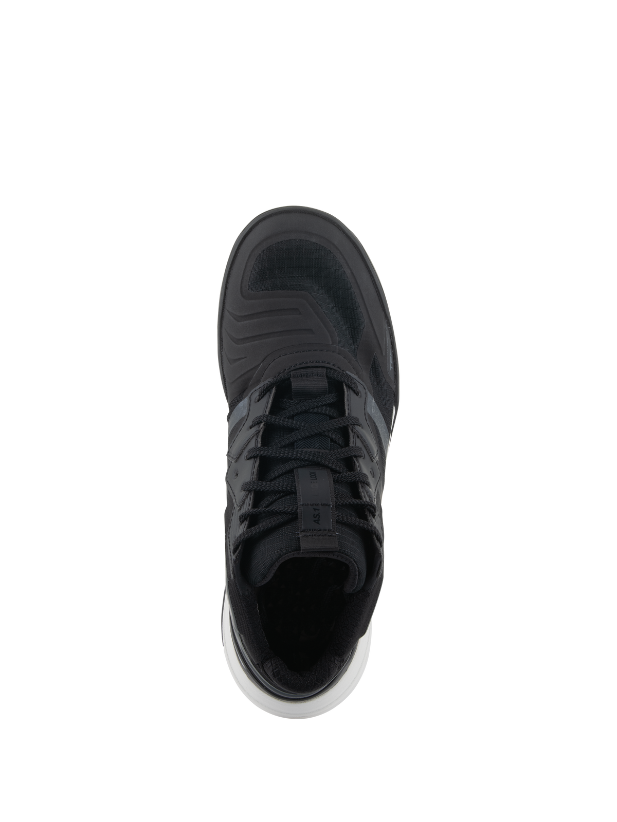 Scarpe Alpinestars Speedflight, scarpe da moto performance, nero e bianco, vista dall'alto che mostra la tomaia in ripstop, lacci con cinturino blocca-lacci e dettagli bianchi sulla suola, sneaker da moto in stile urban