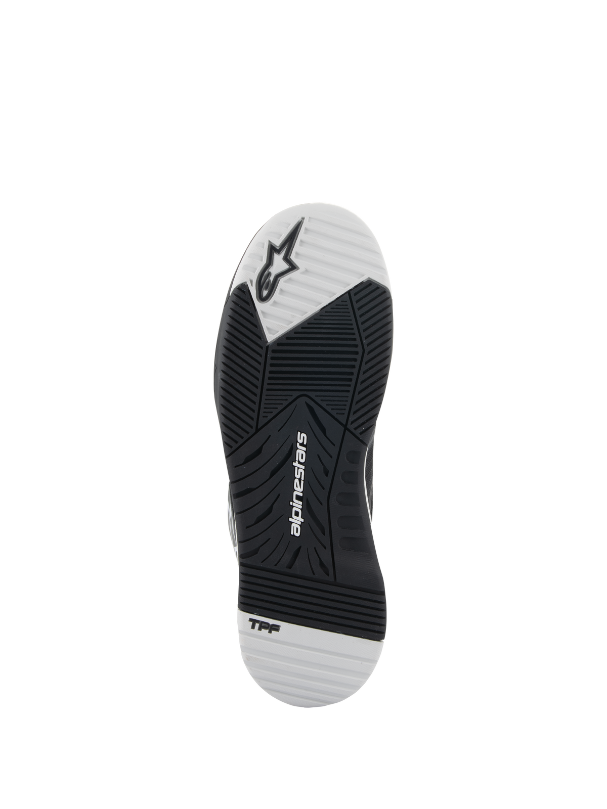 Scarpe Alpinestars Speedflight, nero e bianco, vista della suola esterna in gomma a doppia densità, con logo Alpinestars e marchio TPF, battistrada asimmetrico per aderenza e stabilità nella guida della moto