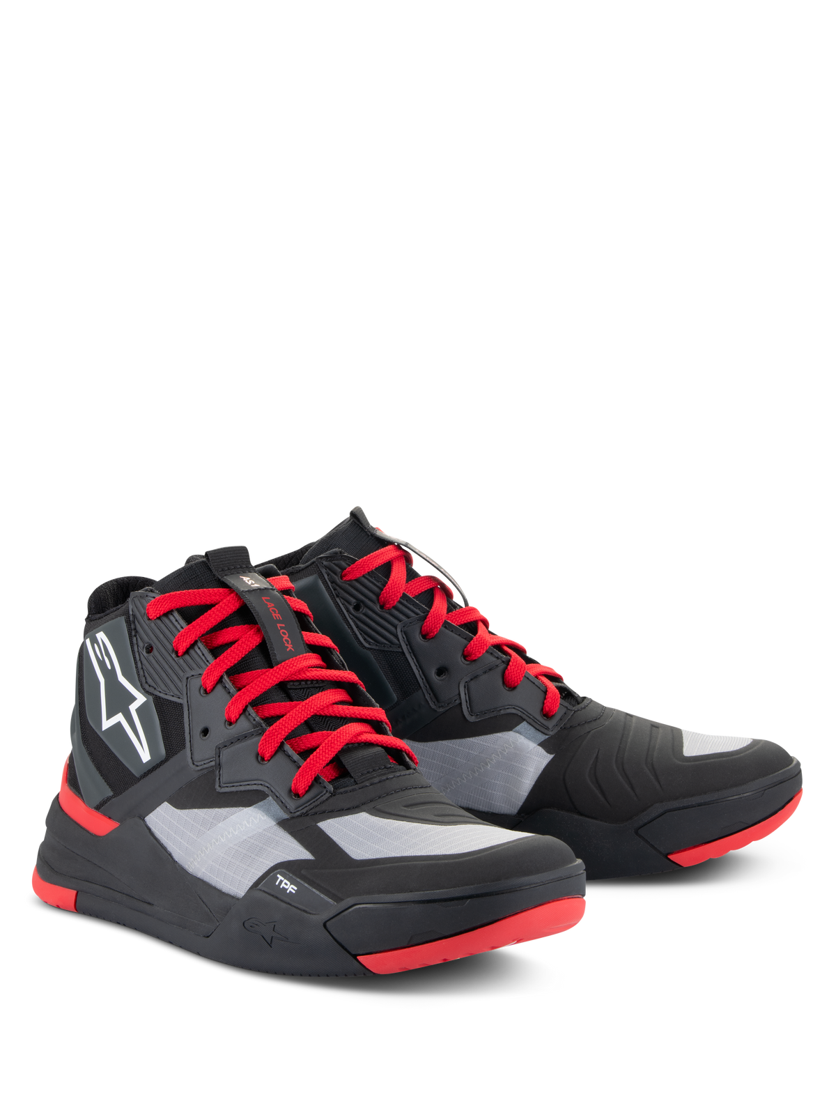Alpinestars Speedflight Shoes, scarpe da moto tecniche, nero, rosso brillante e bianco, con tomaia in ripstop e pannelli grigi, lacci rossi e dettagli sulla suola, logo Astars bianco sul lato, design stile sneaker sportiva da moto