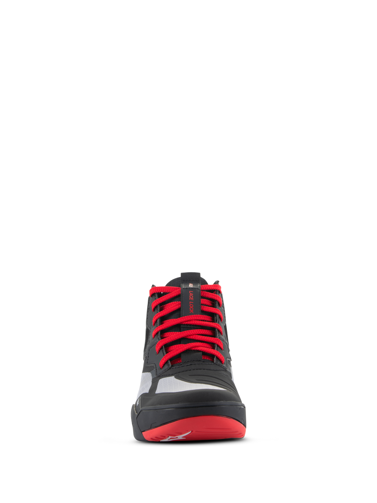 Alpinestars Speedflight Shoes, scarpe da moto performanti, nero, rosso acceso e bianco, vista frontale con vivaci lacci rossi, cinturino ferma-lacci sulla linguetta e pannelli di rinforzo senza cuciture per la guida urbana.