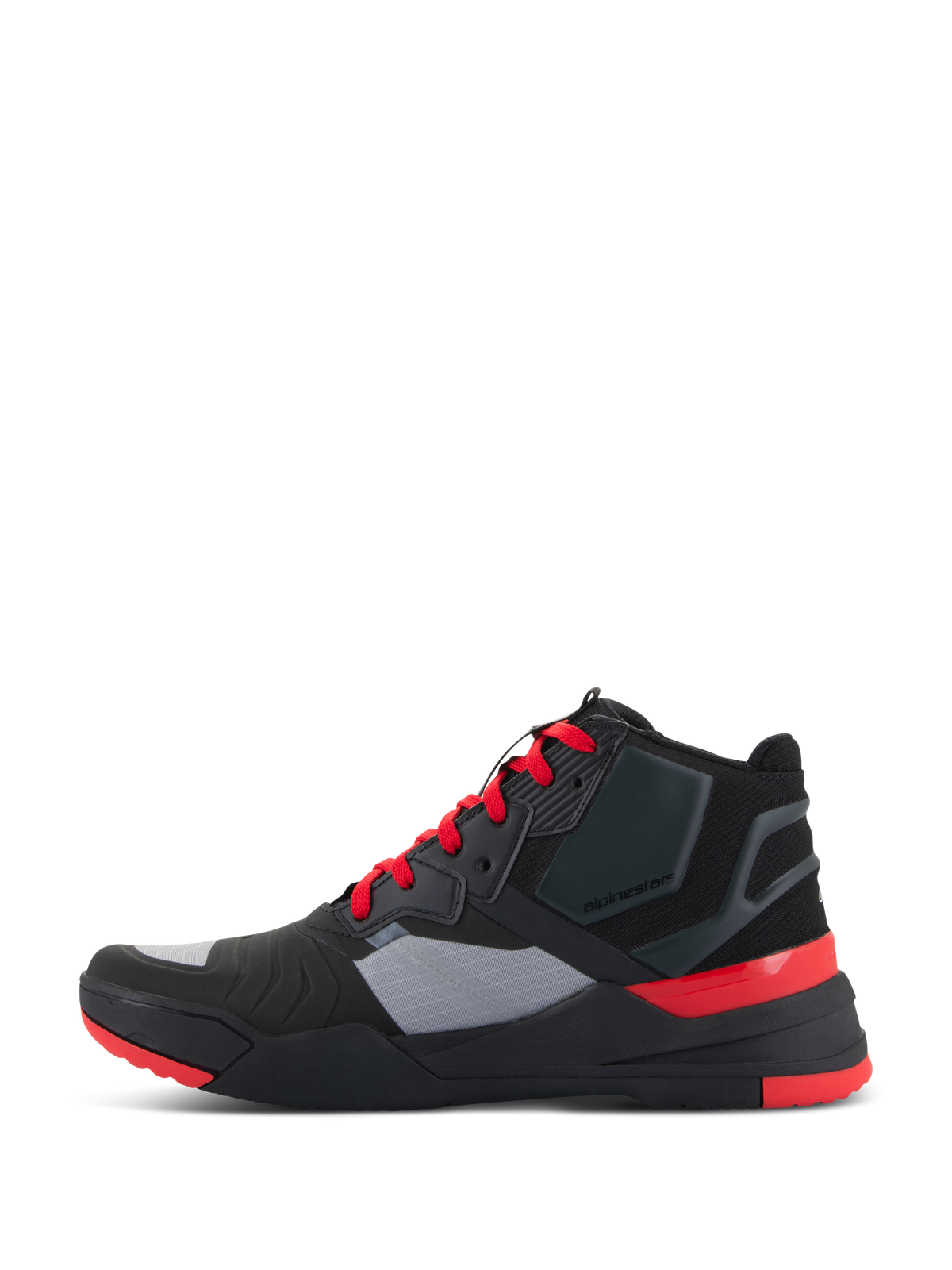 Scarpe Alpinestars Speedflight, scarpa tecnica da moto, nero con dettagli rosso brillante e grigio, vista laterale, con tomaia in tessuto ripstop, lacci rosso brillante e contrafforte protettivo sul tallone, calzatura da moto in stile sneaker sportiva per il pendolarismo urbano