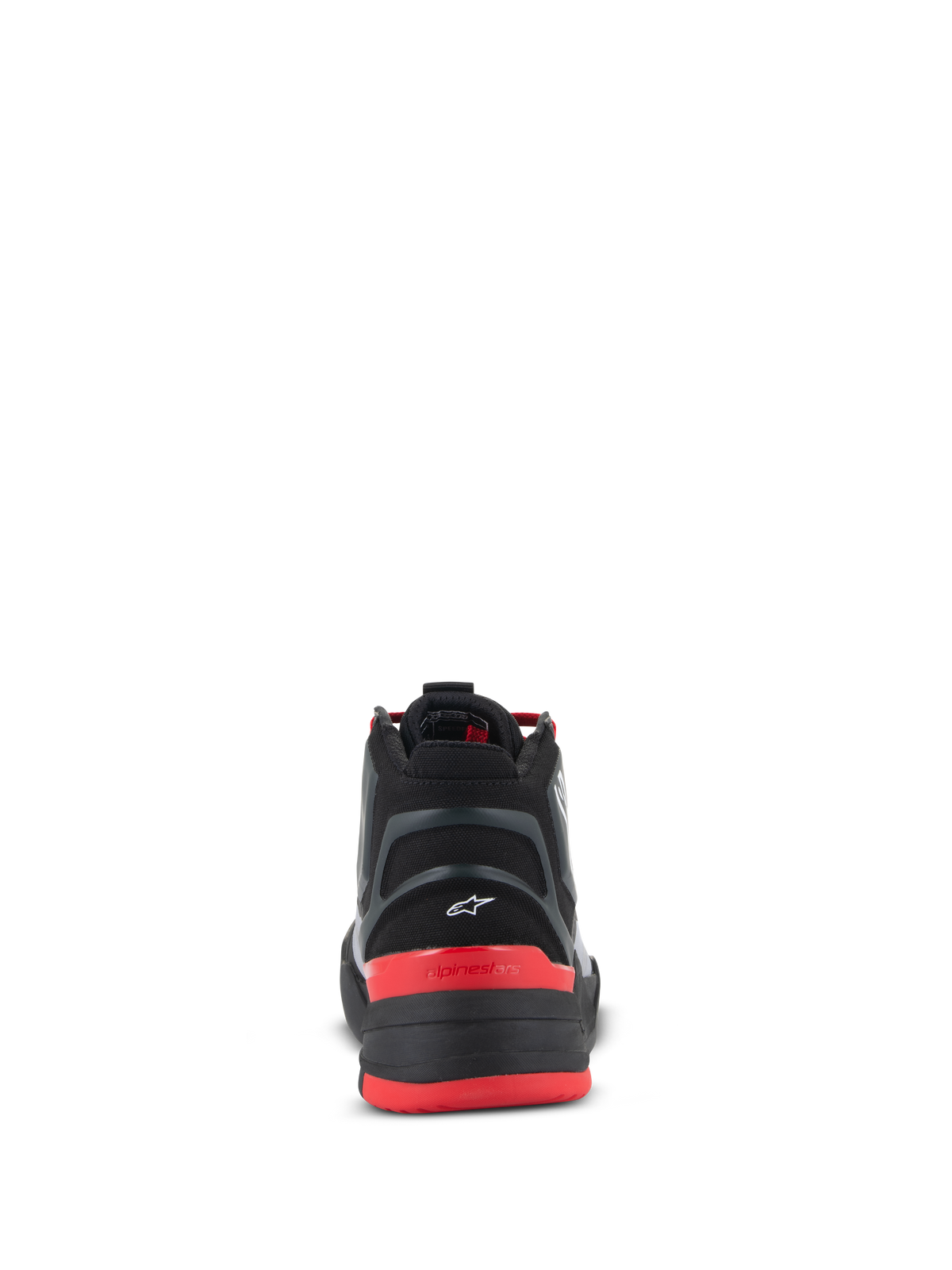 Scarpe Alpinestars Speedflight, scarpe da moto performance, nero, rosso vivace e bianco, vista posteriore che mostra il tallone modellato con piccolo logo Astar bianco, contrafforte del tallone rosso con scritta Alpinestars e tomaia in ripstop ad alte prestazioni.