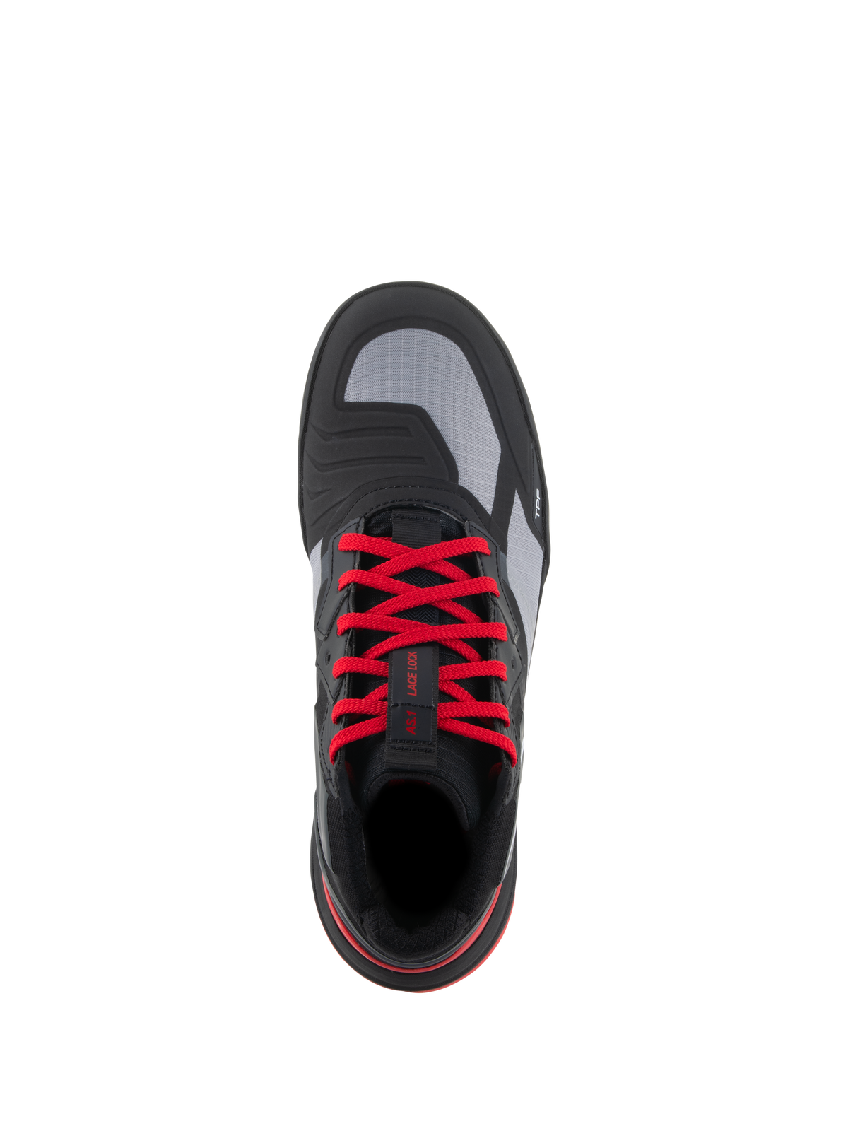 Scarpe Alpinestars Speedflight, scarpe da moto ad alte prestazioni, nero, rosso brillante e bianco, vista dall'alto con vivaci lacci rossi, pannelli della tomaia in ripstop grigio e protezione cambio integrata, calzature moto urbane.