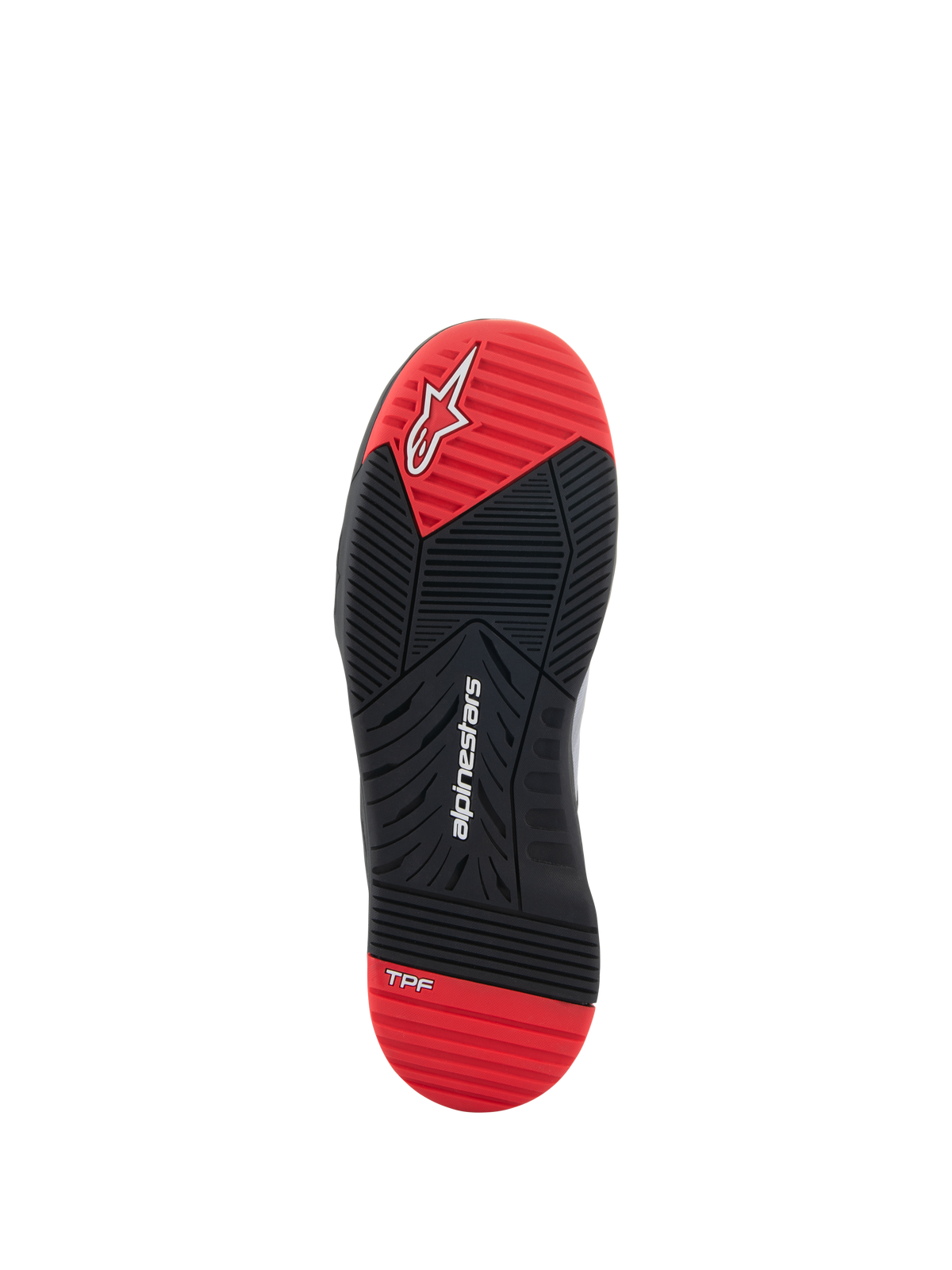 Scarpe Alpinestars Speedflight, scarpe da moto, vista della suola, nero e rosso acceso, con logo Alpinestars bianco e marchio TPF, suola in gomma a doppia densità con disegno del battistrada multidirezionale.