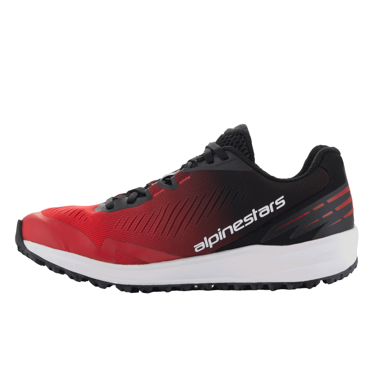 Scarpe Alpinestars Meta Road V2, scarpe sportswear, sfumatura dal rosso al nero con intersuola bianca, profilo laterale con scritta Alpinestars bianca, design atletico leggero per un comfort duraturo tutto il giorno