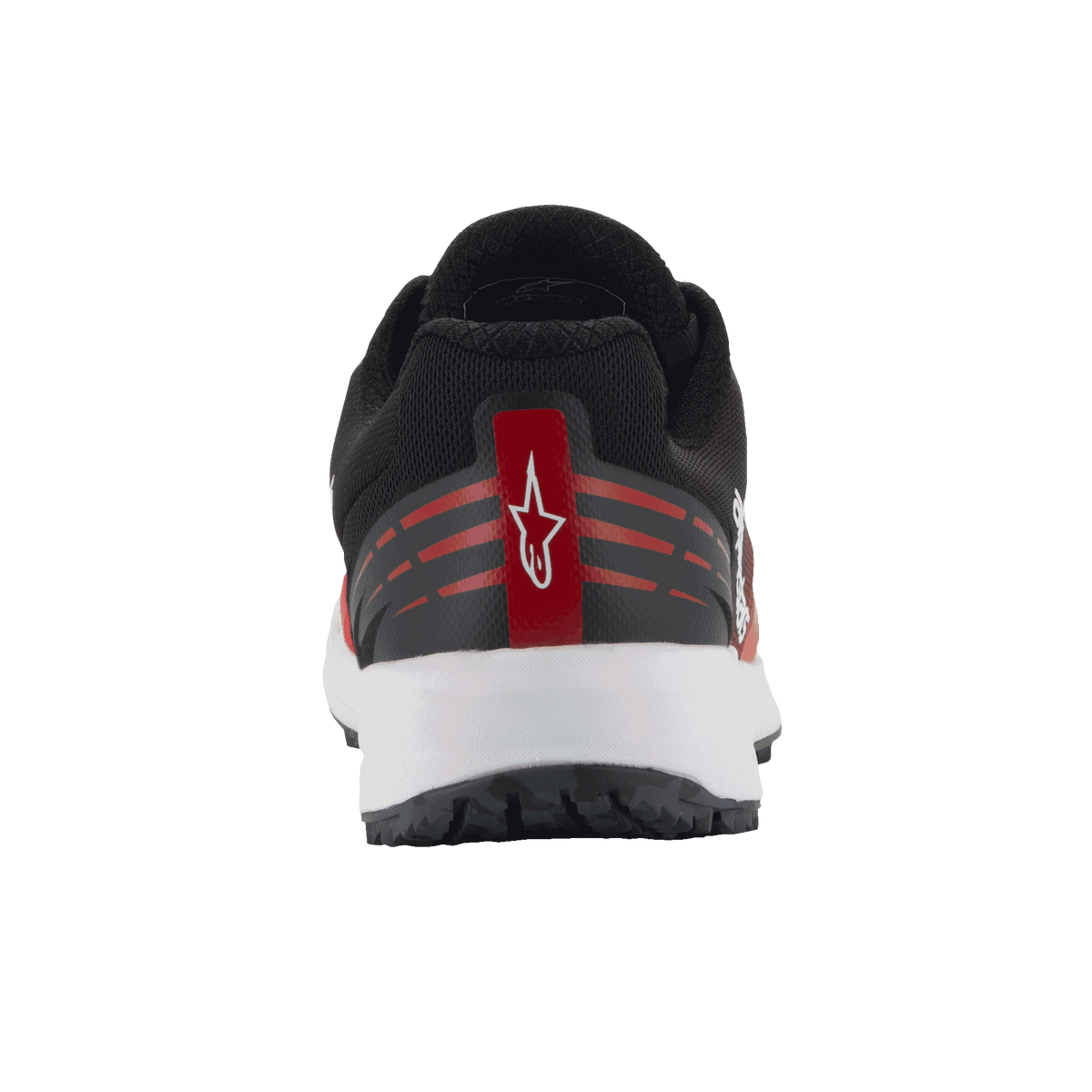 Scarpe Alpinestars Meta Road V2, scarpe sportswear, rosso, nero e bianco, vista posteriore con dettaglio del tallone e logo Astars bianco su striscia rossa, accenti rossi orizzontali, tomaia in mesh nera e intersuola bianca