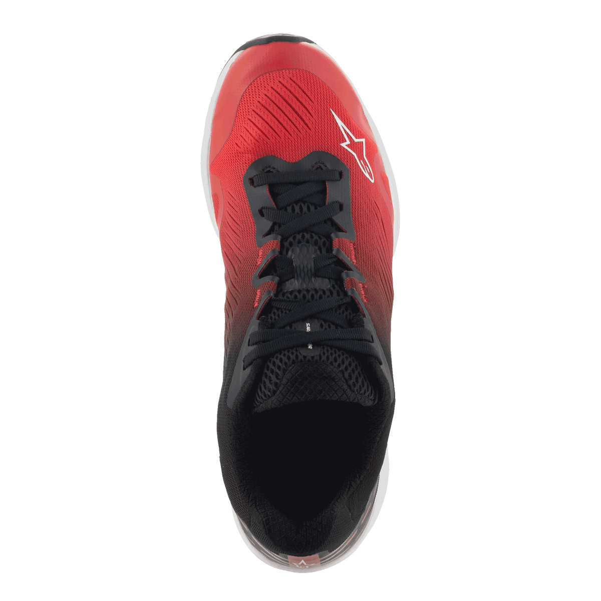 Scarpe Alpinestars Meta Road V2, scarpe sportswear, rosso, nero e bianco, vista dall'alto con gradiente da rosso a nero, lacci neri e logo Alpinestars bianco, progettate per il comfort tutto il giorno e come abbigliamento da lavoro per team di gara