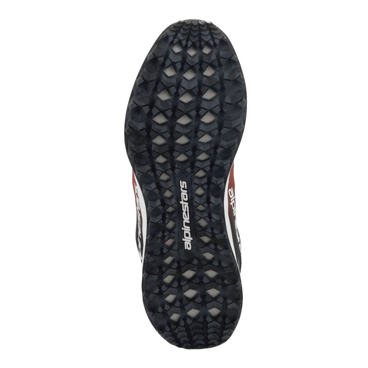 Scarpe Alpinestars Meta Road V2, vista dal basso della suola, gomma nera con motivo esagonale testurizzato per il grip, logo Alpinestars bianco al centro, dettagli rossi, neri e bianchi visibili sui lati