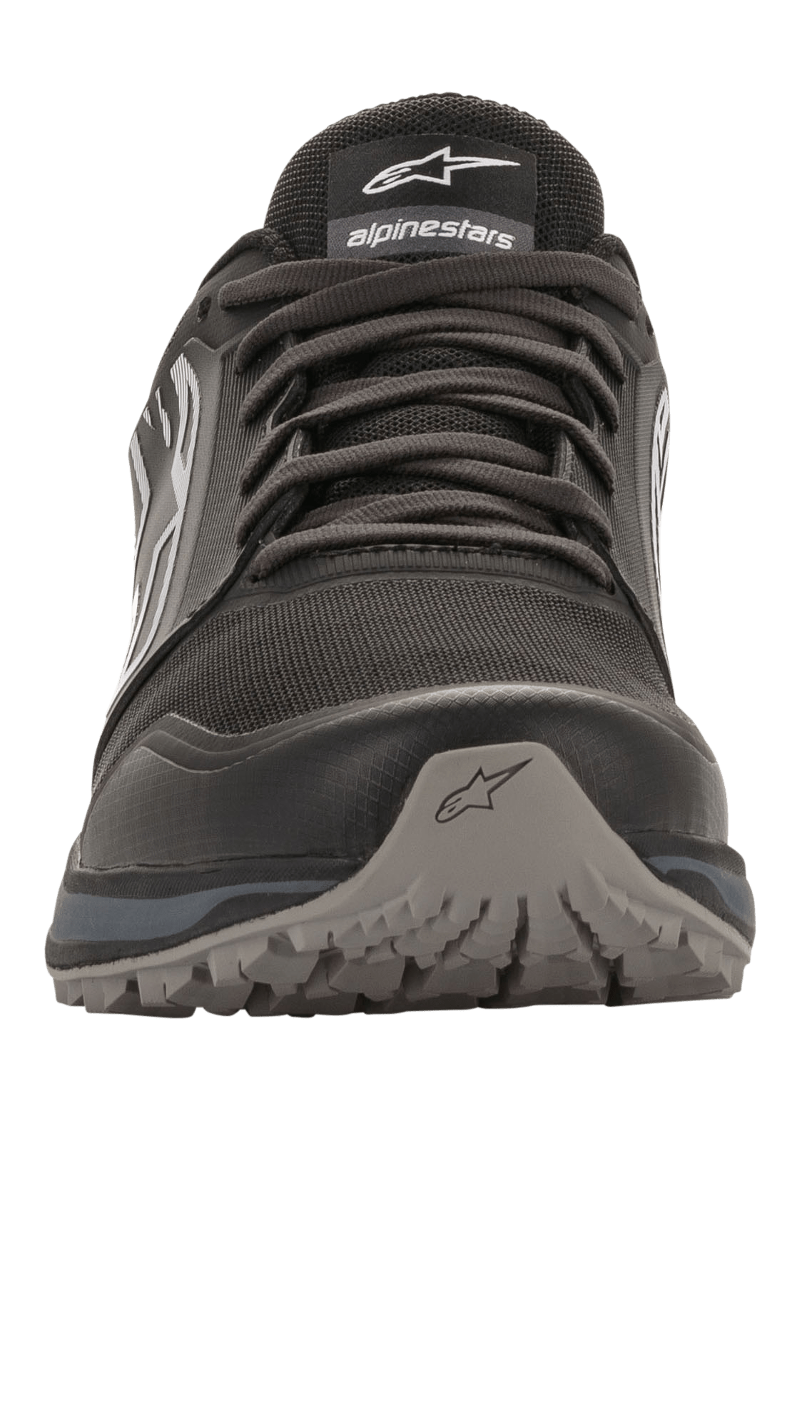 Alpinestars Meta Trail Shoes, scarpa da corsa performante, nero e grigio scuro, vista frontale, punta resistente con logo a stella, costruzione in mesh con lacci, suola in gomma robusta resistente all'olio