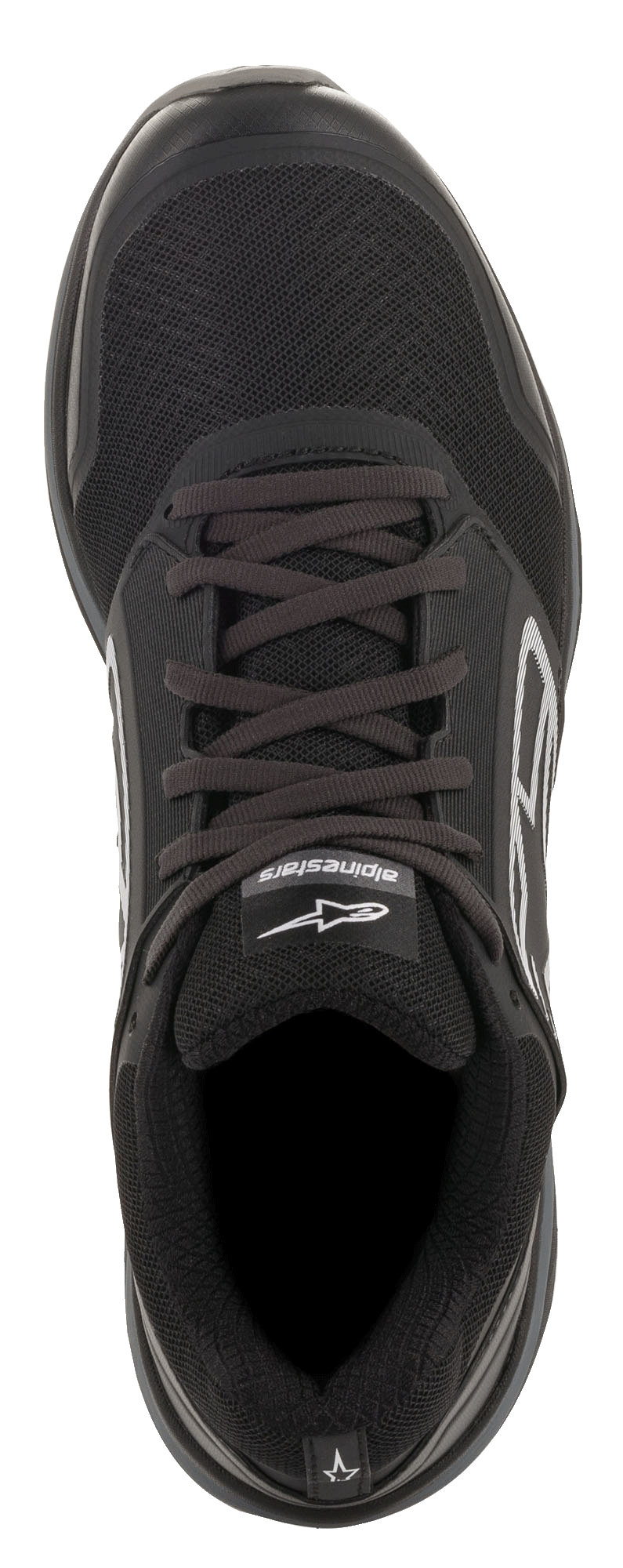 Scarpe Alpinestars Meta Trail, nero e grigio scuro, vista dall'alto, tomaia in mesh nera con lacci, logo Alpinestars bianco sulla linguetta, calzatura ispirata al running e al paddock ad alte prestazioni