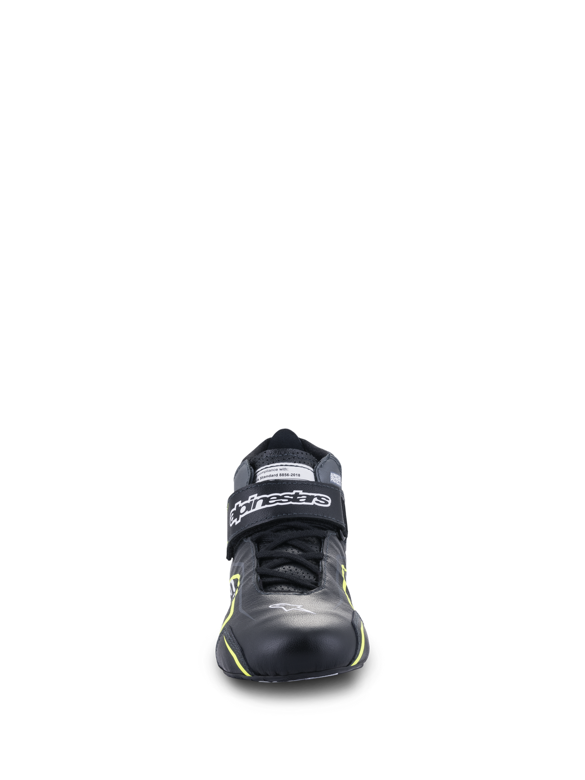 Scarpe Alpinestars Tech-1 T V3 FIA, scarpe da auto racing, nero con accenti giallo fluo, vista frontale, costruzione interamente in pelle con cinturino alla caviglia a strappo, logo Alpinestars bianco, design tecnico per guida ad alte prestazioni