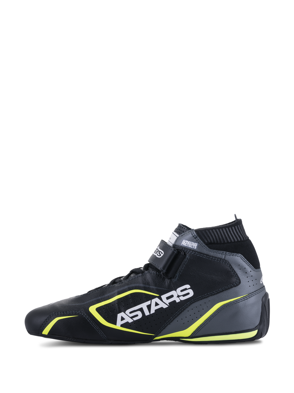 Scarpe Alpinestars Tech-1 T V3 FIA, scarpe da auto racing, nero, grigio freddo e giallo fluo, vista laterale di profilo che mostra la costruzione in pelle, branding ASTARS bianco, colletto elastico ignifugo e vivaci accenti gialli.