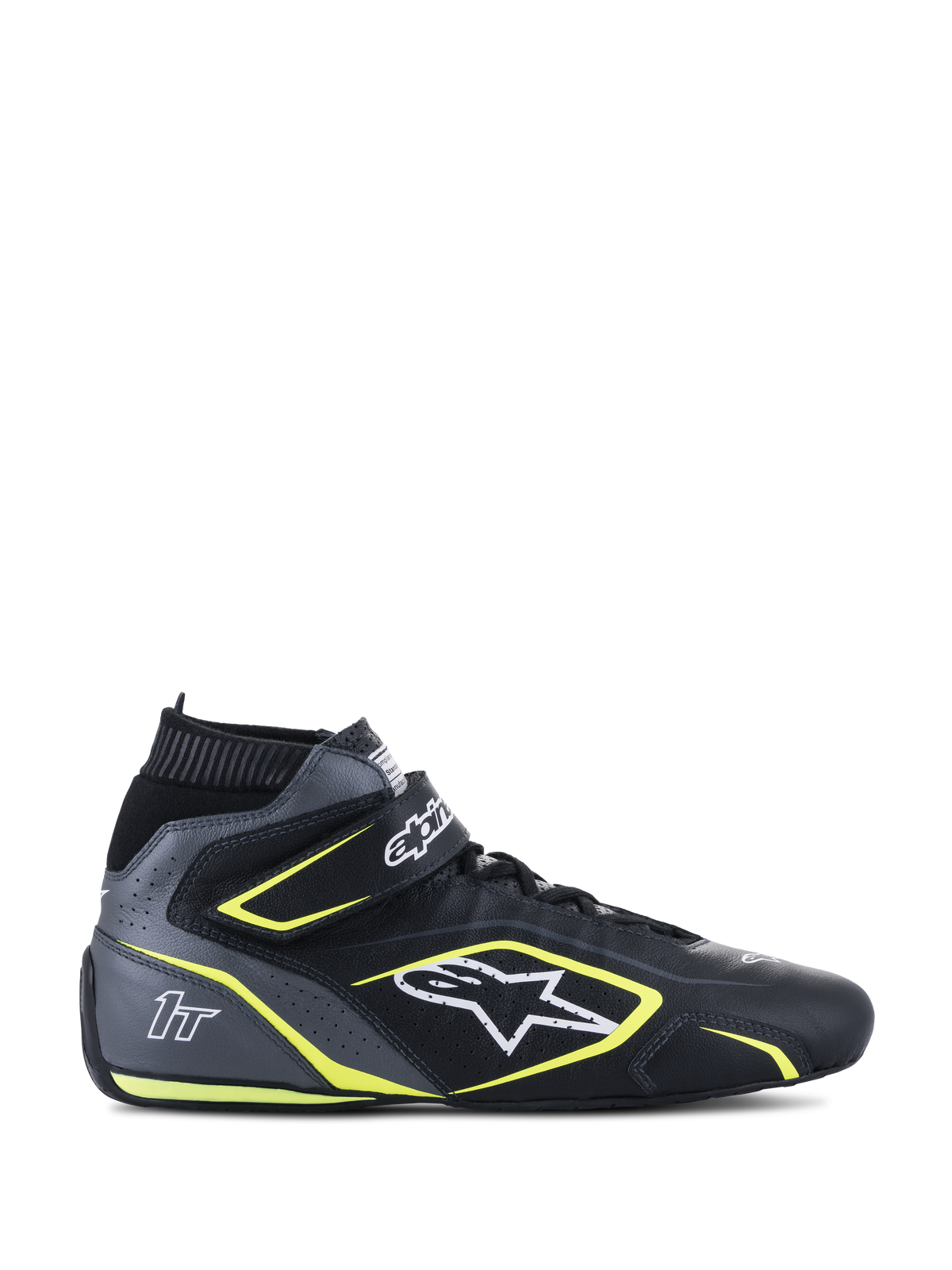 Scarpe da pilota Alpinestars Tech-1 T V3 FIA, nero e grigio freddo con accenti giallo fluo, calzatura motorsport modello alto, costruzione in pelle bovina traforata, cinturino alla caviglia con lacci, logo bianco e branding 1T, certificate FIA 8856-2018 per gare automobilistiche