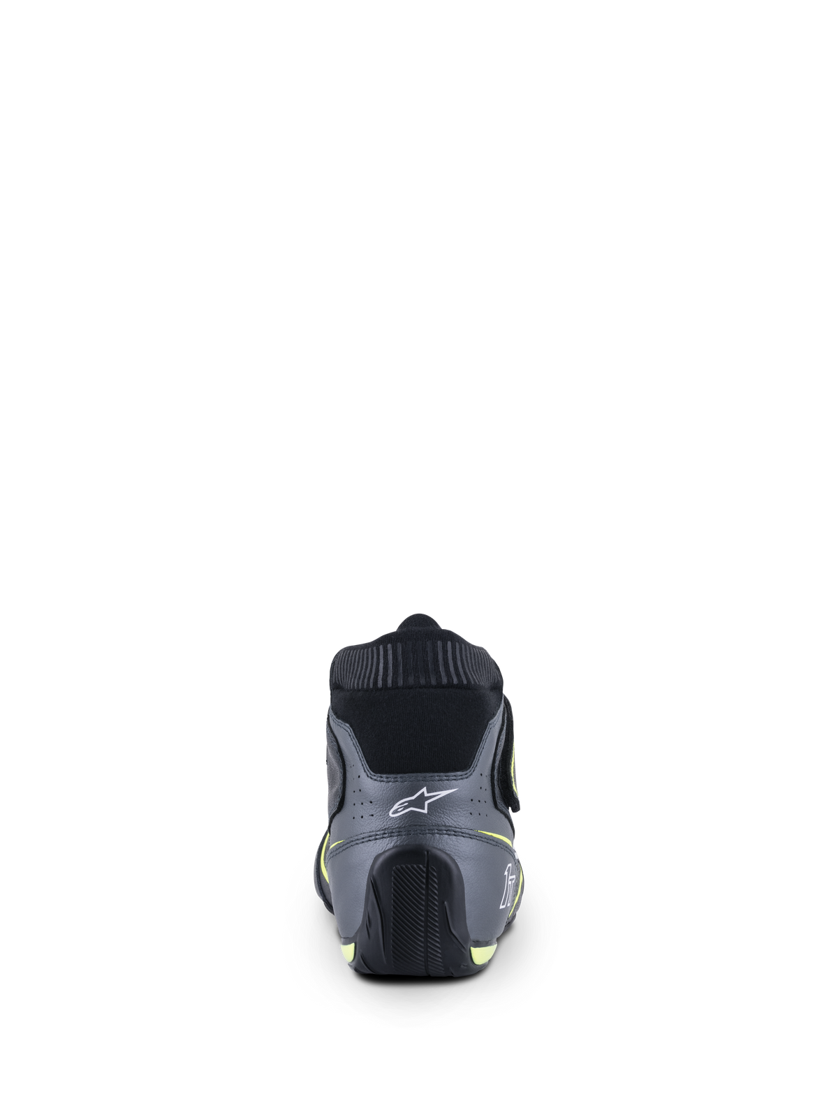 Alpinestars Tech-1 T V3 Shoes FIA, scarpe da auto racing, nero, grigio freddo e giallo fluo, vista posteriore con il logo a stella bianca sul tallone e colletto elastico ignifugo