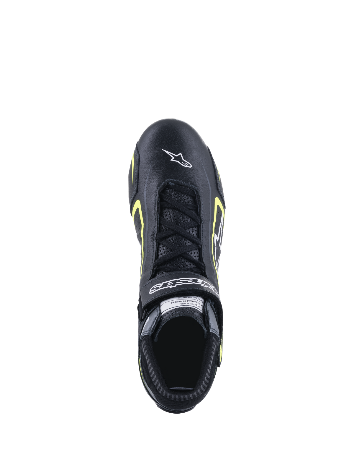 Alpinestars Tech-1 T V3 Shoes FIA, scarpe da racing, nero e giallo fluo, vista dall'alto che mostra la struttura in pelle, chiusura con lacci e logo Alpinestars bianco sulla punta