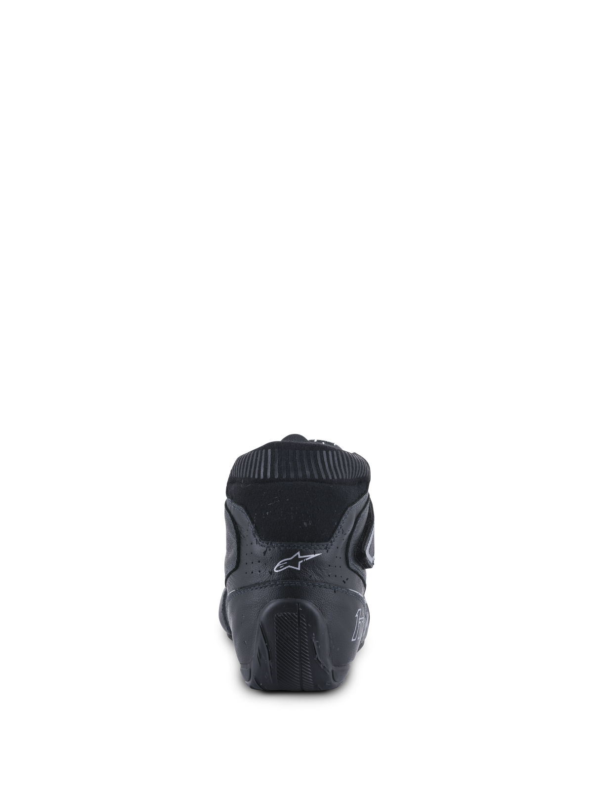 Alpinestars Tech-1 T V3 Shoes FIA, scarpe da corsa, nero e argento, vista posteriore che mostra il contrafforte ergonomico, logo Astars bianco e suola in gomma testurizzata progettata per il controllo dei pedali.
