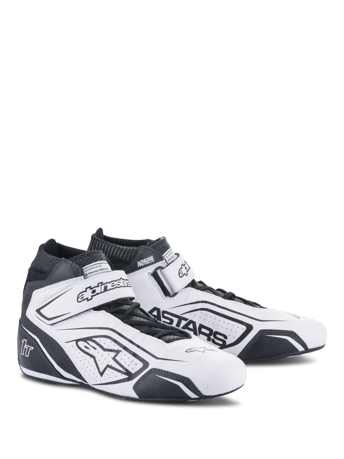 Alpinestars Tech-1 T V3 Shoes FIA, scarpe da corsa bianco e nero, calzature professionali per motorsport, certificate FIA, design alto in pelle con ventilazione traforata, cinturino alla caviglia con chiusura a strappo e logo Astars nero in evidenza