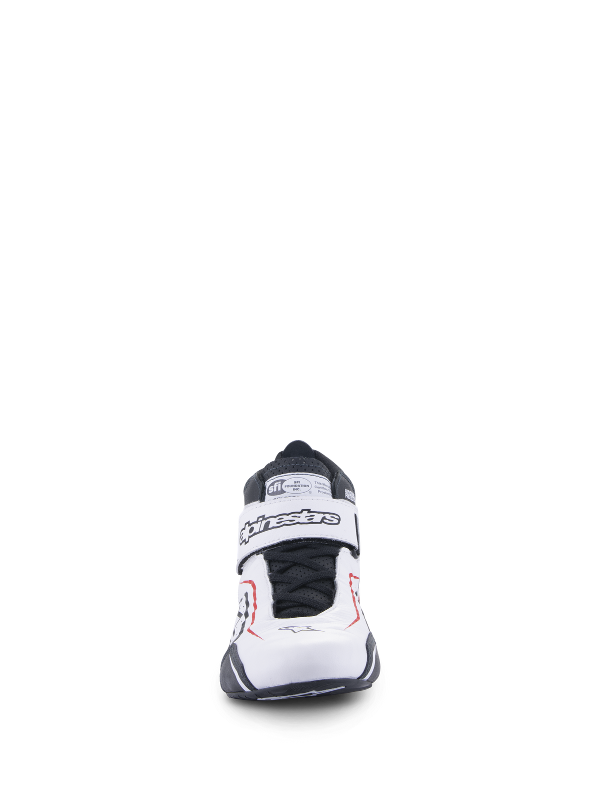Scarpe Alpinestars Tech-1 T V3, scarpe da auto racing, bianco, nero e rosso, vista frontale con cinturino a strappo con marchio Alpinestars, lacci neri ed etichetta di certificazione SFI sulla linguetta