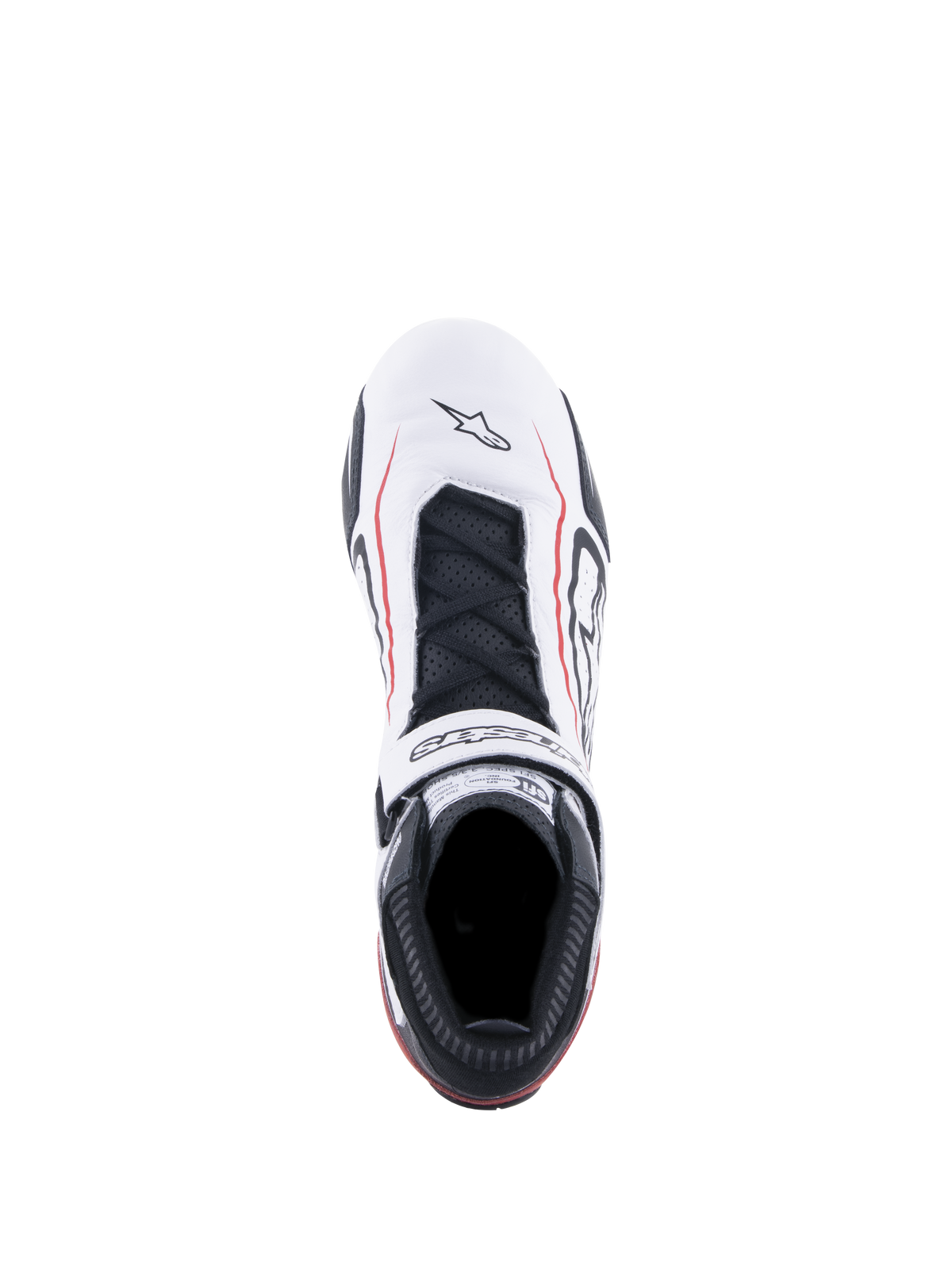 Alpinestars Tech-1 T V3 Shoes FIA, scarpe da racing, bianco, nero e rosso, vista dall'alto con tomaia in pelle bianca e linee di accento rosse, lacci neri, cinturino a strappo logato ed etichetta di certificazione SFI sulla linguetta
