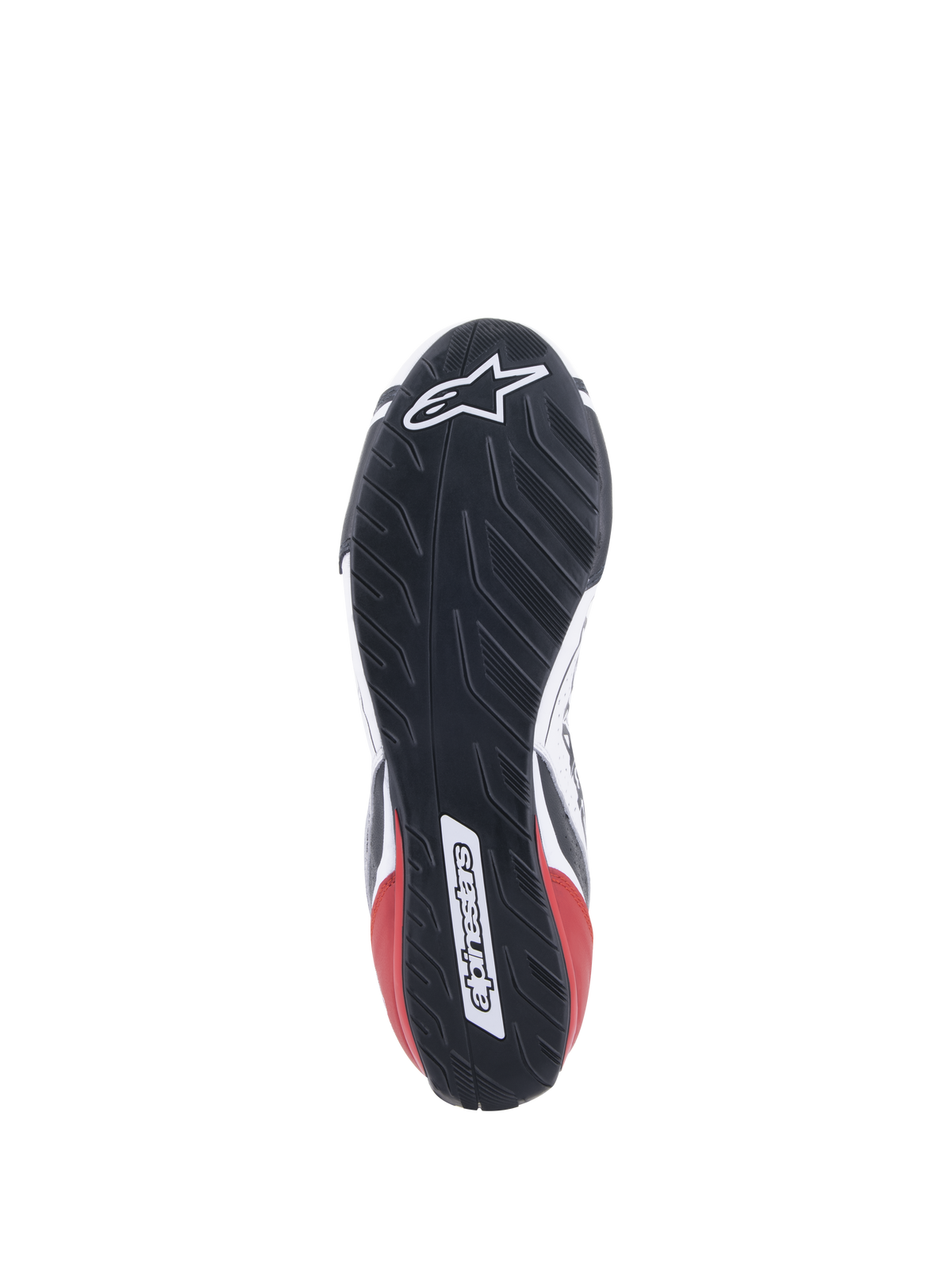 Alpinestars Tech-1 T V3 Shoes FIA, scarpe da corsa auto, bianco, nero e rosso, vista dettagliata della suola in gomma ispirata al battistrada asimmetrico degli pneumatici, con logo e marchio Alpinestars, design della suola resistente all'olio e idrorepellente