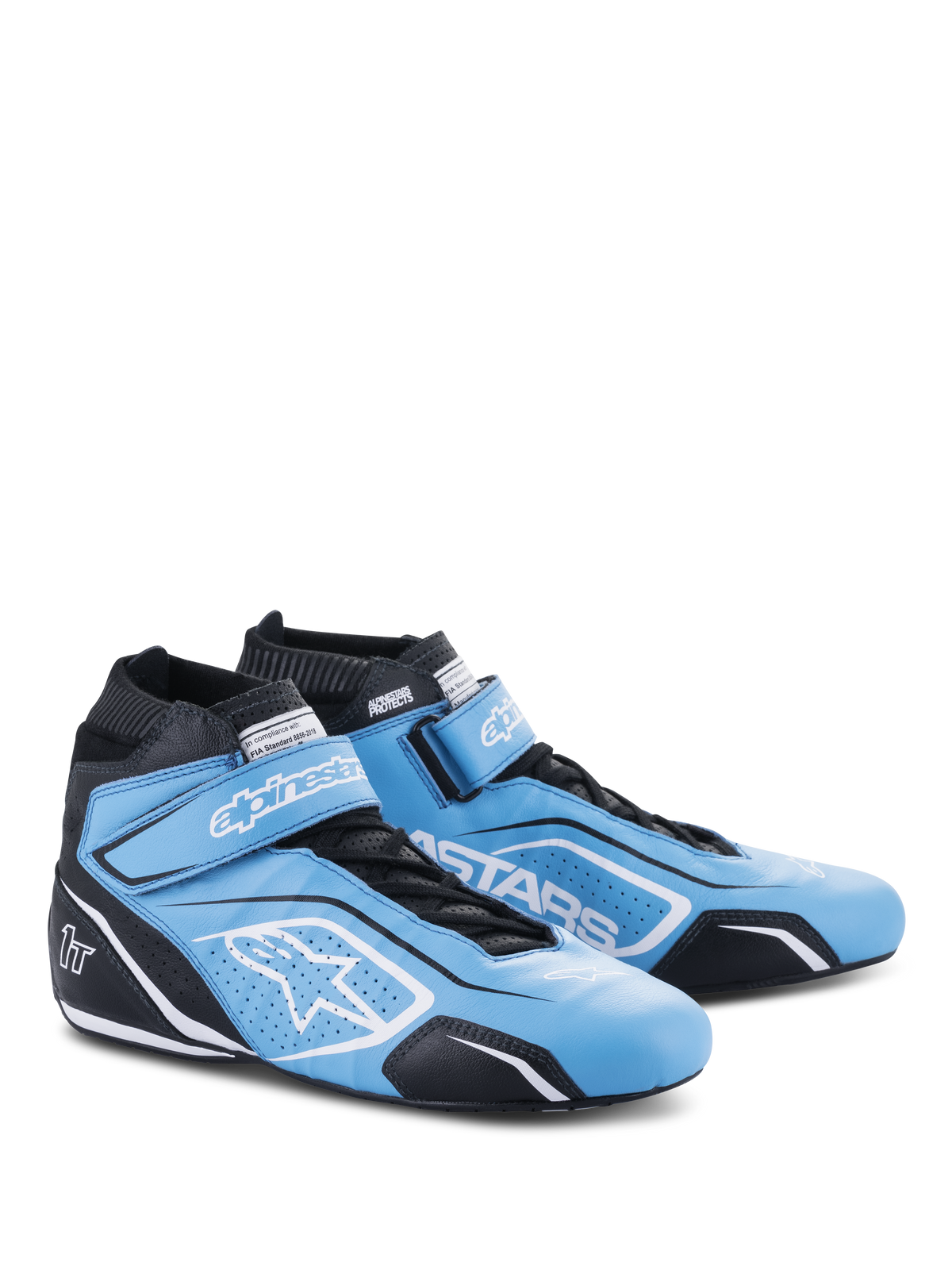 Scarpe Alpinestars Tech-1 T V3 FIA, calzature per corse automobilistiche, celeste, nero e bianco, struttura in pelle bovina con cinturino a strappo e chiusura con lacci, con branding Alpinestars e logo a stella bianco, calzature professionali per motorsport
