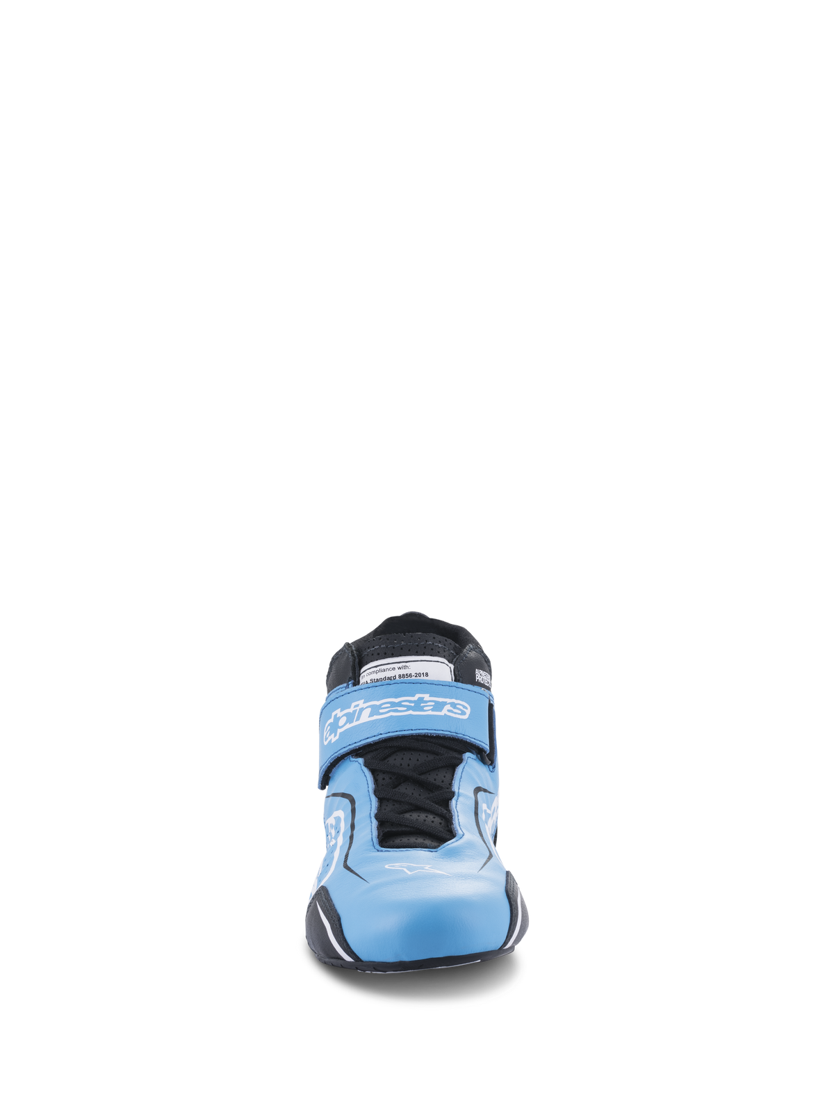 Alpinestars Tech-1 T V3 Shoes FIA, scarpe da corsa auto, celeste con dettagli neri e bianchi, vista frontale che mostra il sistema di doppia chiusura con lacci e cinturino a strappo, calzature da guida in pelle ad alte prestazioni
