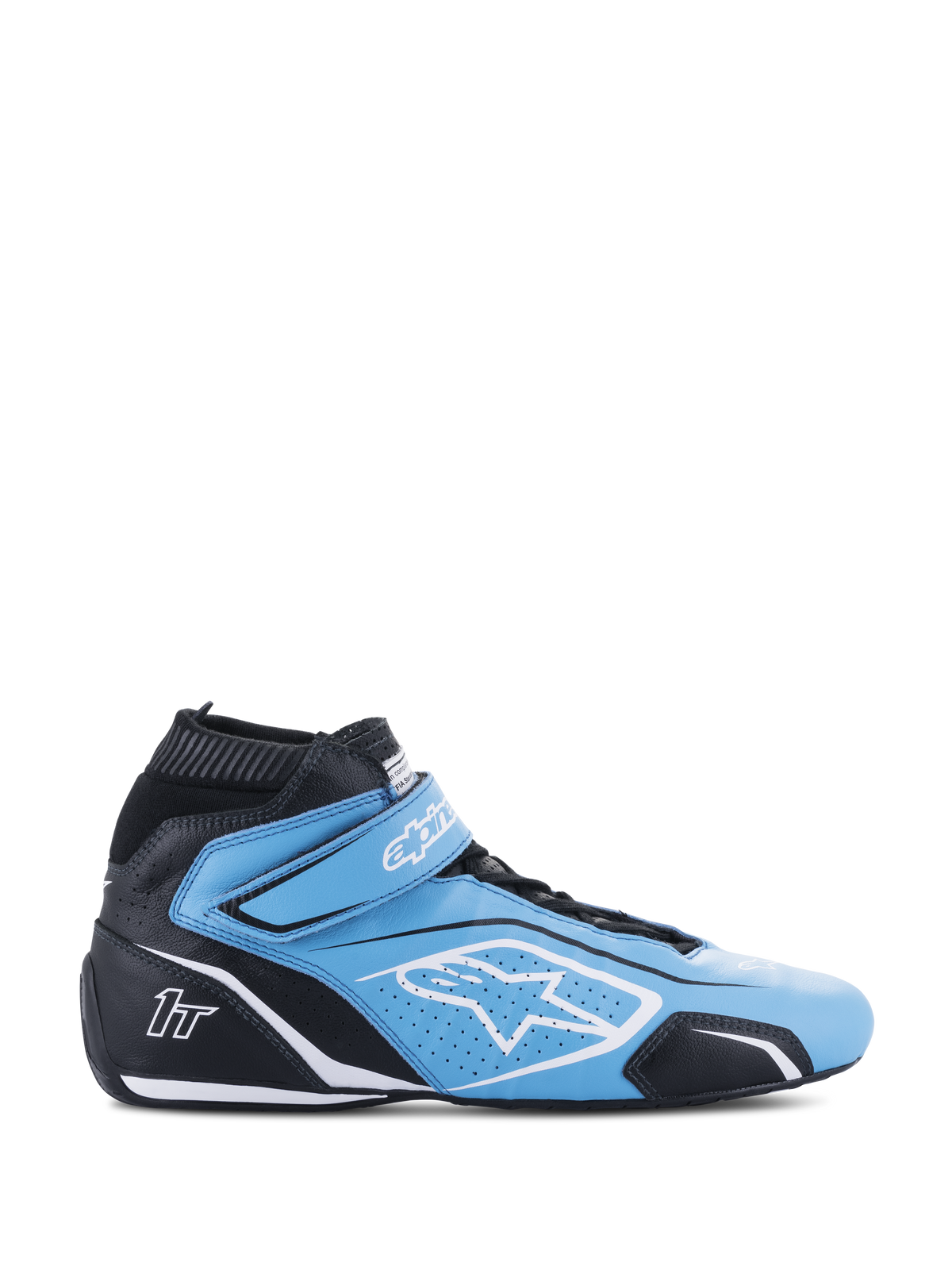 Alpinestars Tech-1 T V3 Shoes FIA, scarpe da corsa automobilistiche a profilo alto, azzurro e nero con accenti bianchi, vista laterale con chiusura a strappo, logo a stella bianco, costruzione in pelle traforata e suola sottile performante