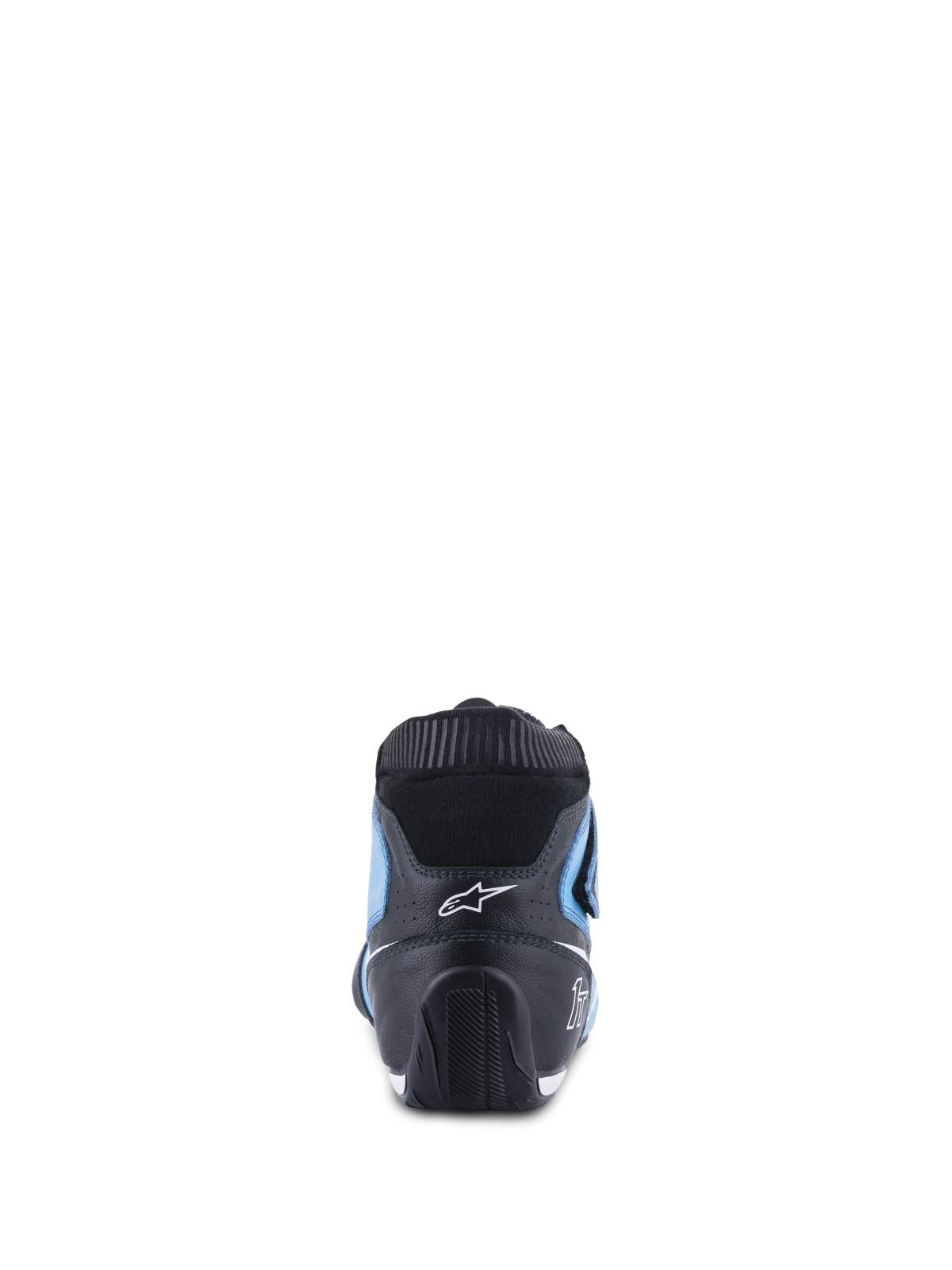 Alpinestars Tech-1 T V3 Scarpe FIA, scarpe da corsa auto, azzurro, nero e bianco, vista posteriore con tallone in pelle nera, pannelli laterali azzurri e colletto elastico ignifugo nero, design ergonomico con logo Alpinestars bianco