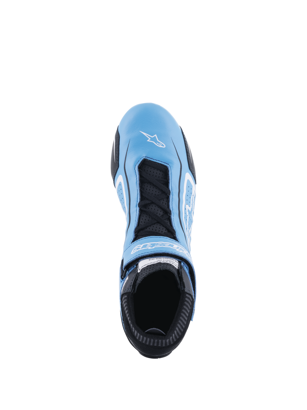 Scarpe Alpinestars Tech-1 T V3 FIA, scarpe da auto racing, azzurro, nero e bianco, vista dall'alto che mostra la struttura interamente in pelle bovina, lacci neri con cinturino a strappo, logo Alpinestars bianco sulla punta e linguetta traforata per la traspirabilità