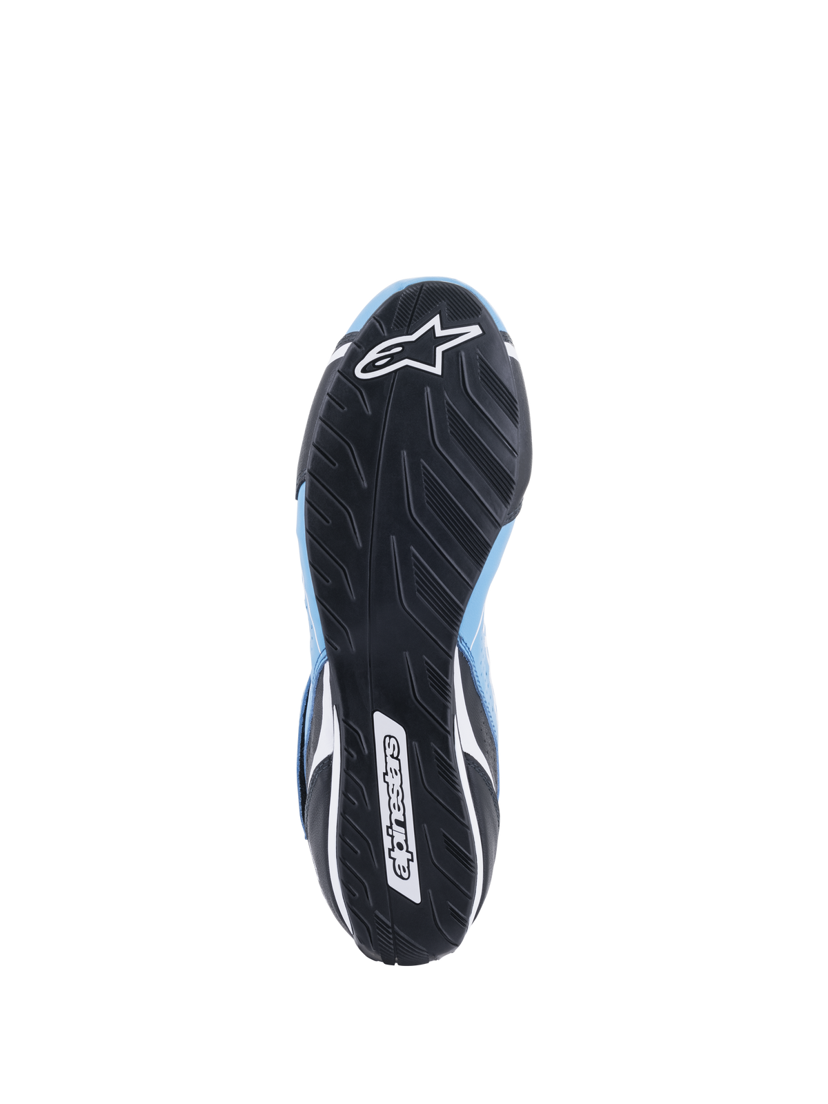 Scarpe Alpinestars Tech-1 T V3 FIA, vista inferiore della suola in gomma nera, design del battistrada asimmetrico, loghi Alpinestars con stella e scritta bianchi, dettagli in pelle azzurra e nera, calzature tecniche per corse automobilistiche