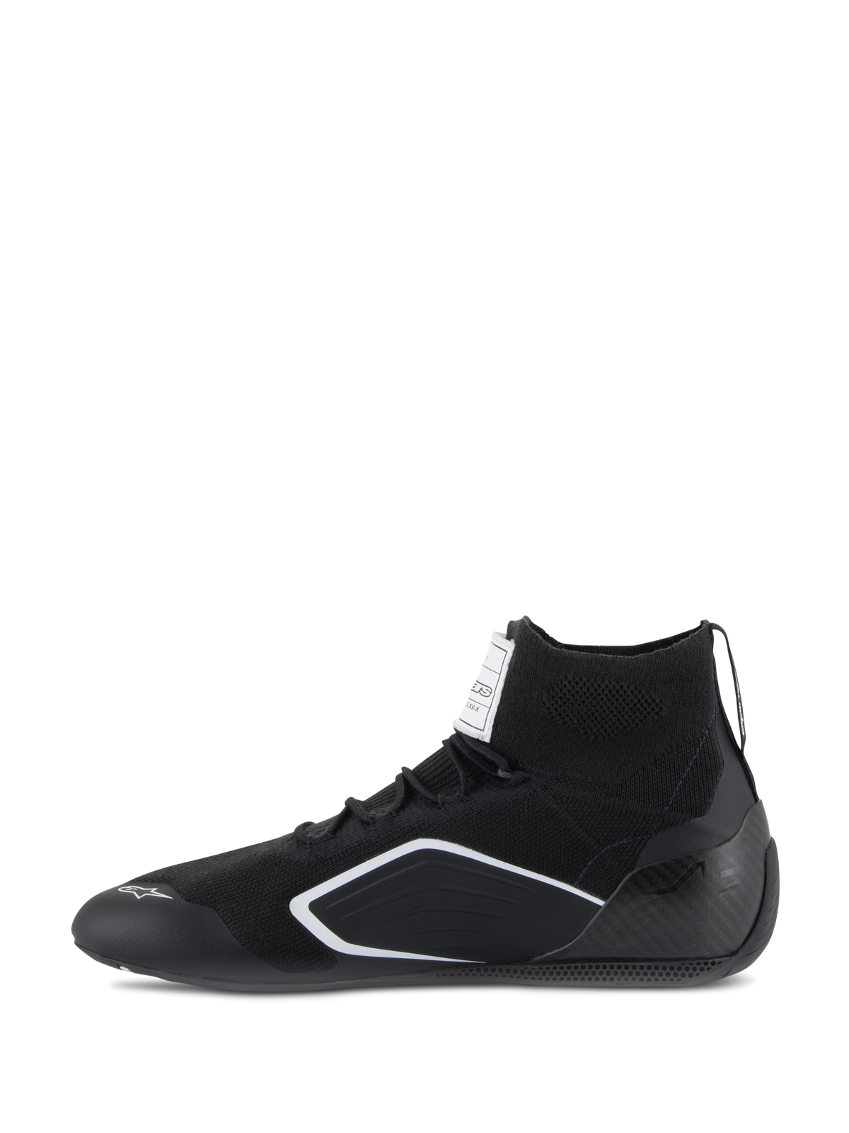 Scarpe Alpinestars Supertech, scarpe da auto racing, nero, profilo laterale con tomaia lavorata a maglia, tallone in fibra di carbonio e dettagli geometrici bianchi, calzature professionali da motorsport