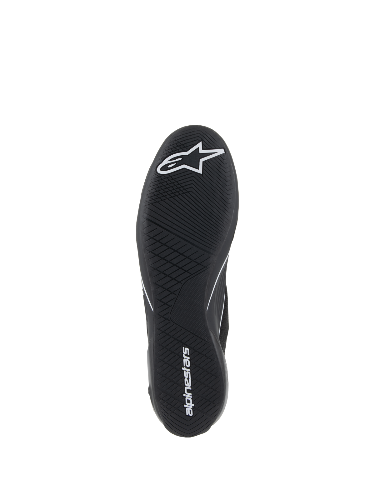 Alpinestars Supertech Shoes, scarpe da corsa automobilistica, nero, vista dal basso della suola in gomma ultra-sottile con logo a stella bianco e scritta alpinestars, caratterizzata da un battistrada asimmetrico per sensibilità sui pedali e grip