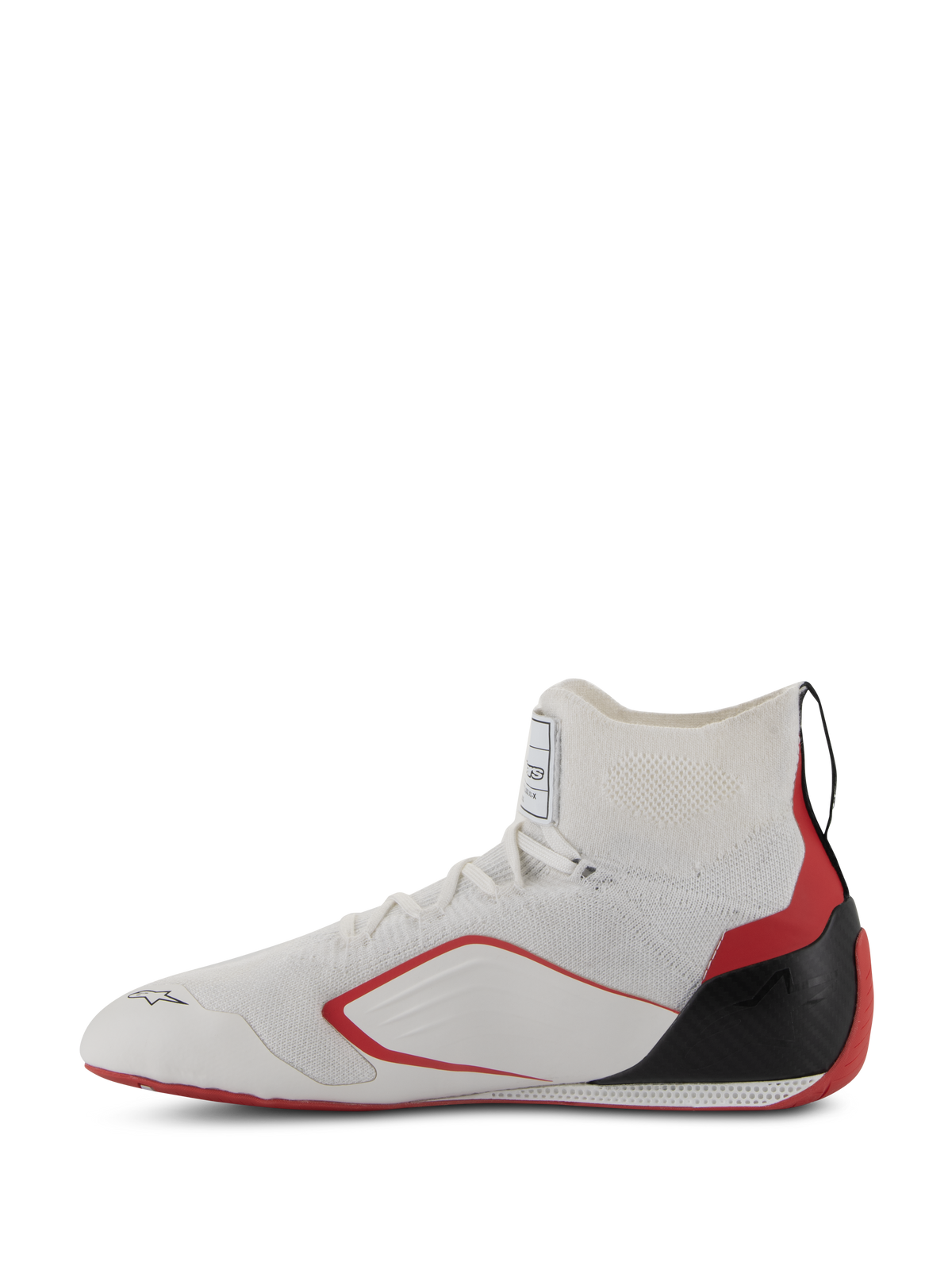 Scarpe Alpinestars Supertech - FIA/SFI, scarpe da corsa auto, bianco, rosso e nero, vista di profilo che mostra la tomaia in maglia, accenti laterali rossi e coppa del tallone in fibra di carbonio nera