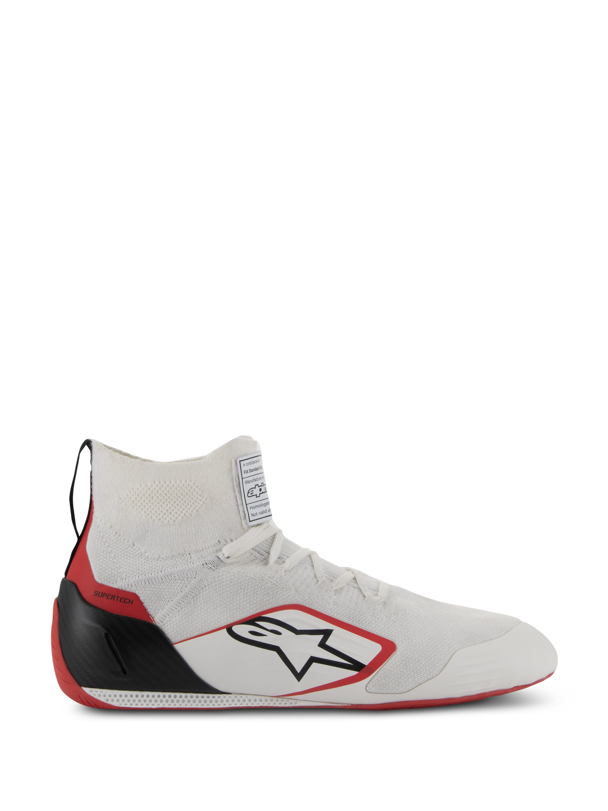 Alpinestars Supertech Shoes, calzature da auto racing certificate FIA/SFI, bianche con accenti rossi e neri, tomaia in maglia, tallone in fibra di carbonio e suola rossa, design high-top elegante per il motorsport professionale